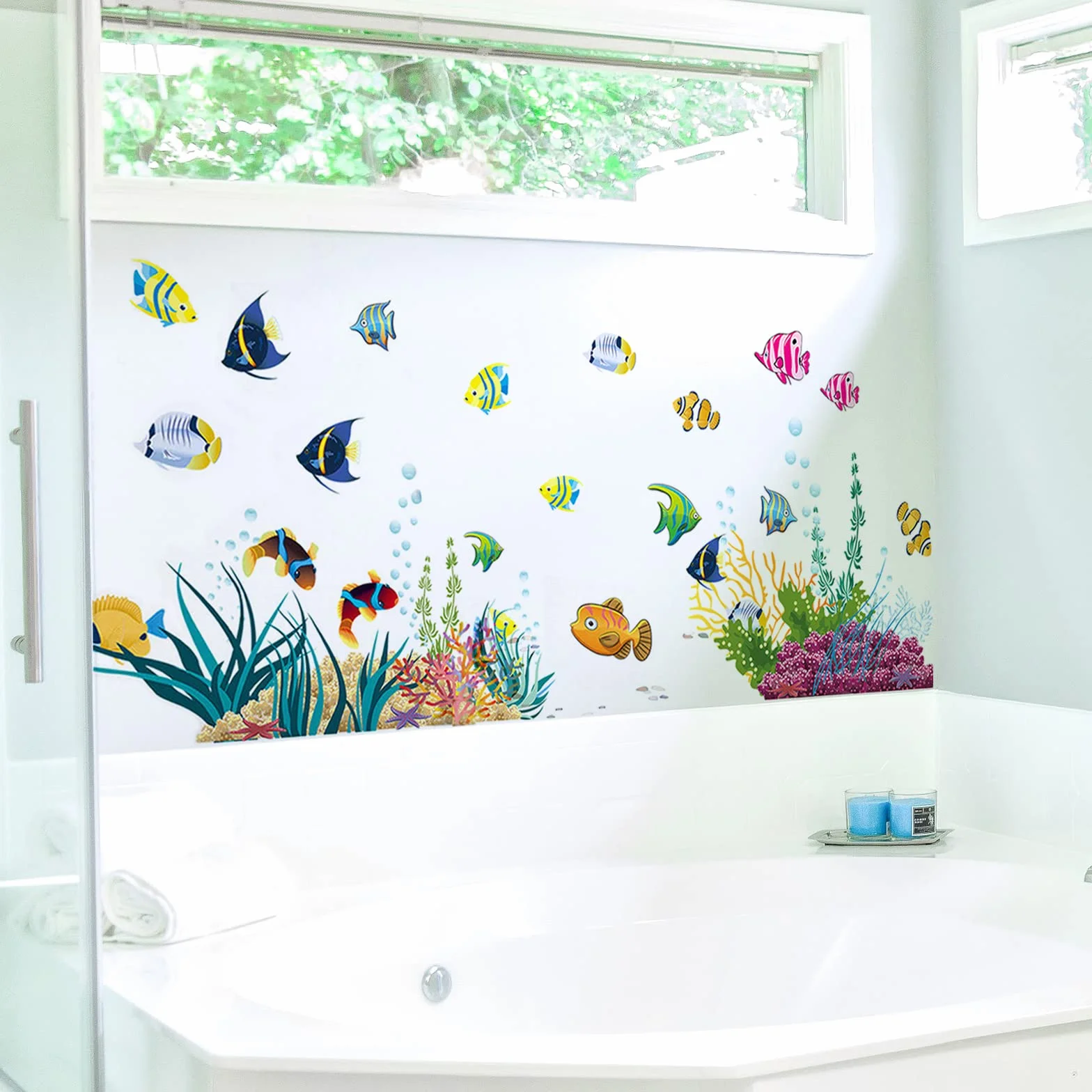 WandSticker4U® - Naklejki ścienne dla dzieci ZWIERZĘTA MORSKIE (130 x 42 cm) I winylowa naklejka ścienna łazienka ryba ocean podwodny świat I dekoracja łazienki płytki pokój dziecięcy duży