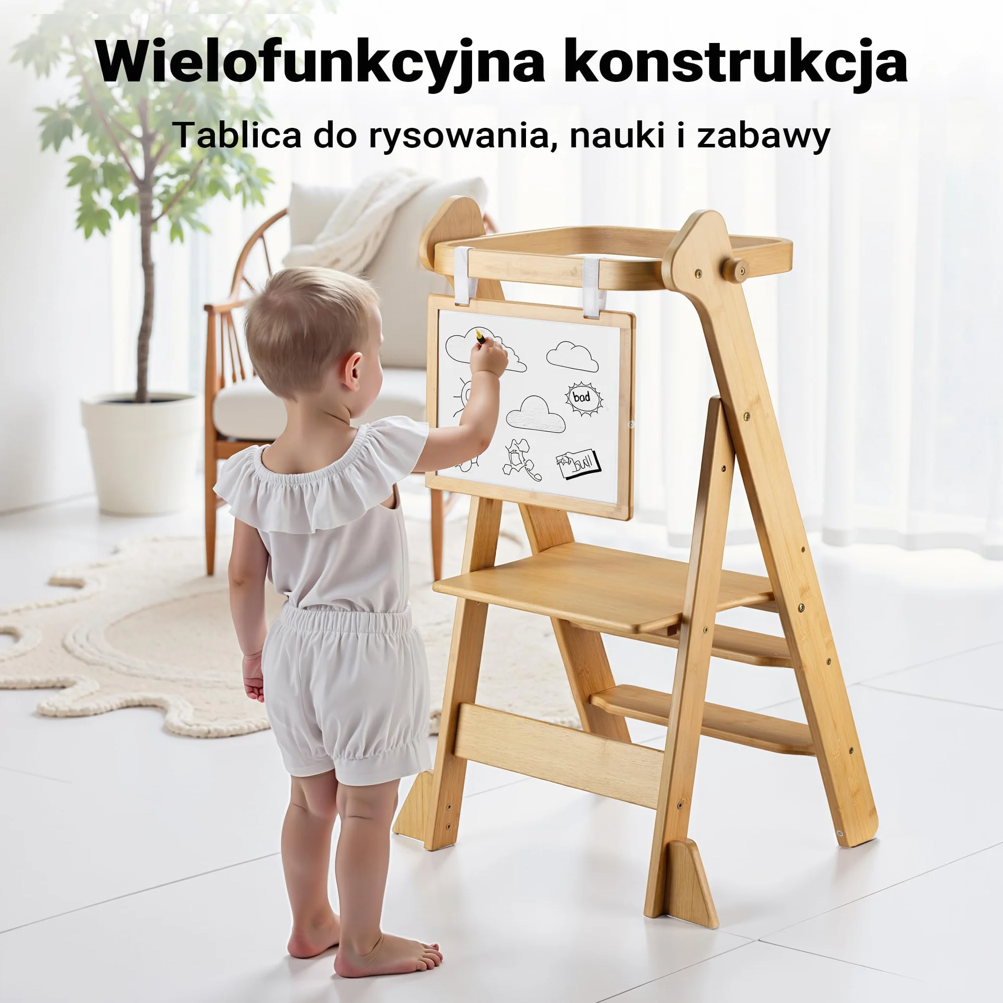 Wiltec wieża edukacyjna składana z bambusa 43x48x91 cm z regulacją wysokości