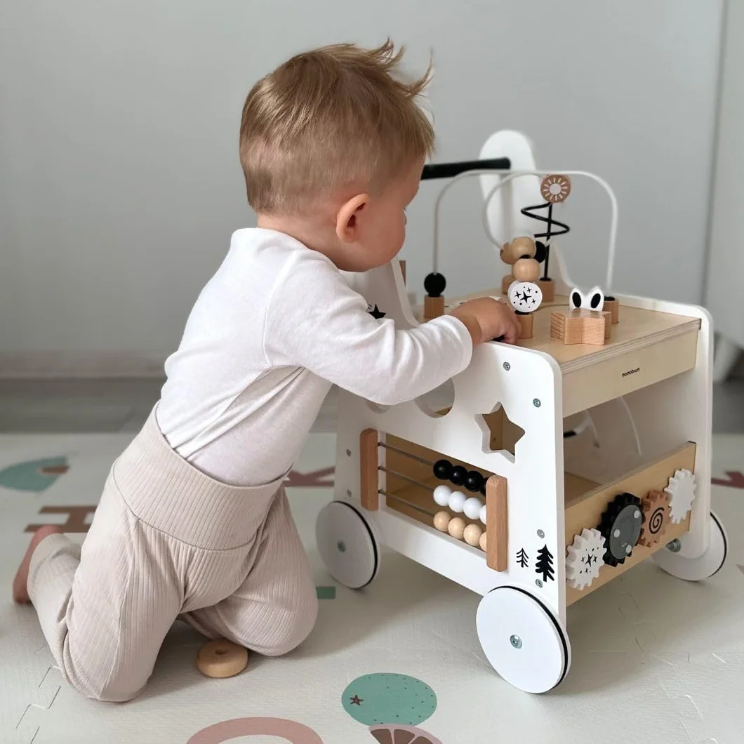 Mamabrum Drewniany Pchacz dla Dzieci 6w1, Chodzik z Funkcją Stolika Edukacyjnego, Pętla Motoryczna, Liczydło, Sorter, Antypoślizgowe Koła biały