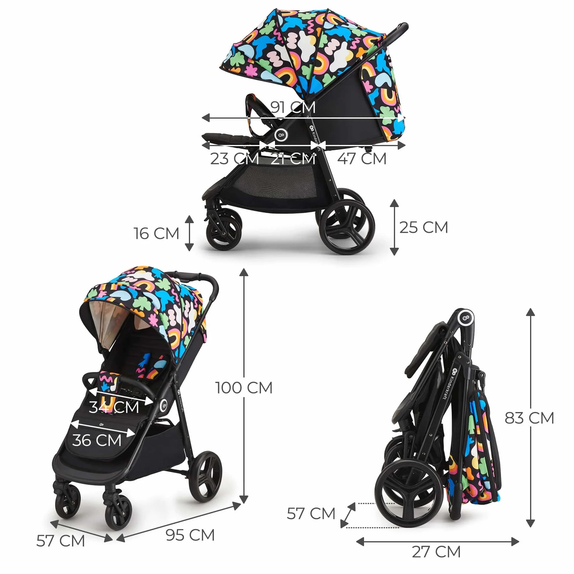 Kinderkraft GRANDE PLUS Wózek laskowy od urodzenia do 22 kg, składane jedną ręką, wydłużona pozycja, wysuwany kaptur, 4 amortyzowane koła, Happy Shapes