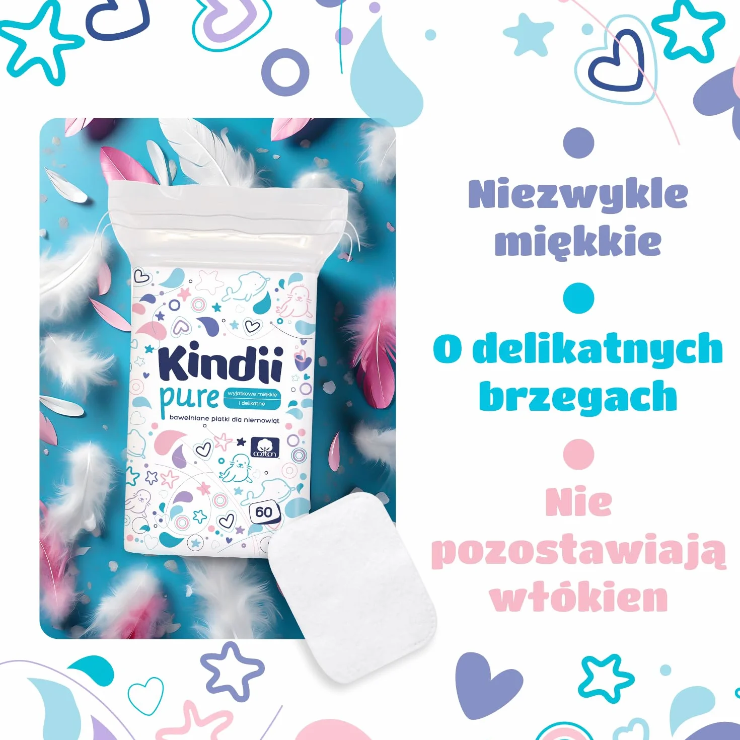 Kindii Pure Baby Pads – 100% bawełna – duże kwadratowe podkładki do skóry wrażliwej – zastępują wilgotne chusteczki – miękkie – miękkie krawędzie – nie strzępią się – 20 x 60 sztuk.