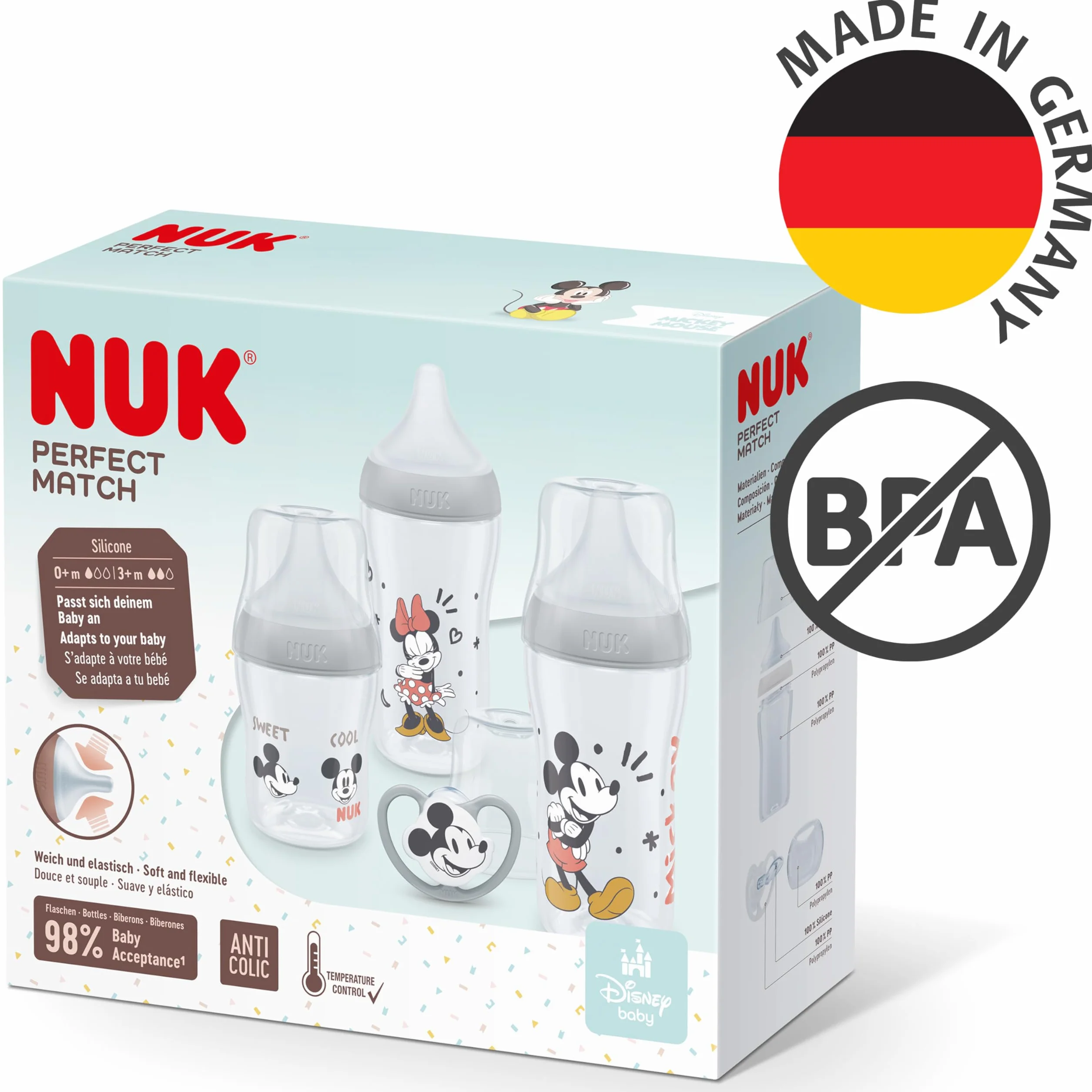 NUK Perfect Match Zestaw butelek dla niemowląt, 0-6+ miesięcy, pasuje do podniebienia dziecka, 3 butelki antykolkowe i smoczek Space, bez BPA, Disney Myszka Miki, 4 szt
