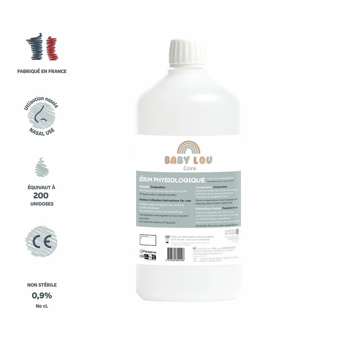Roztwór fizjologiczny w butelce 12x1L | NaCl 0,9% | Wyprodukowano we Francji | Mycie jamy nosowej | Higiena nosa | Do nawadniania zewnętrznego