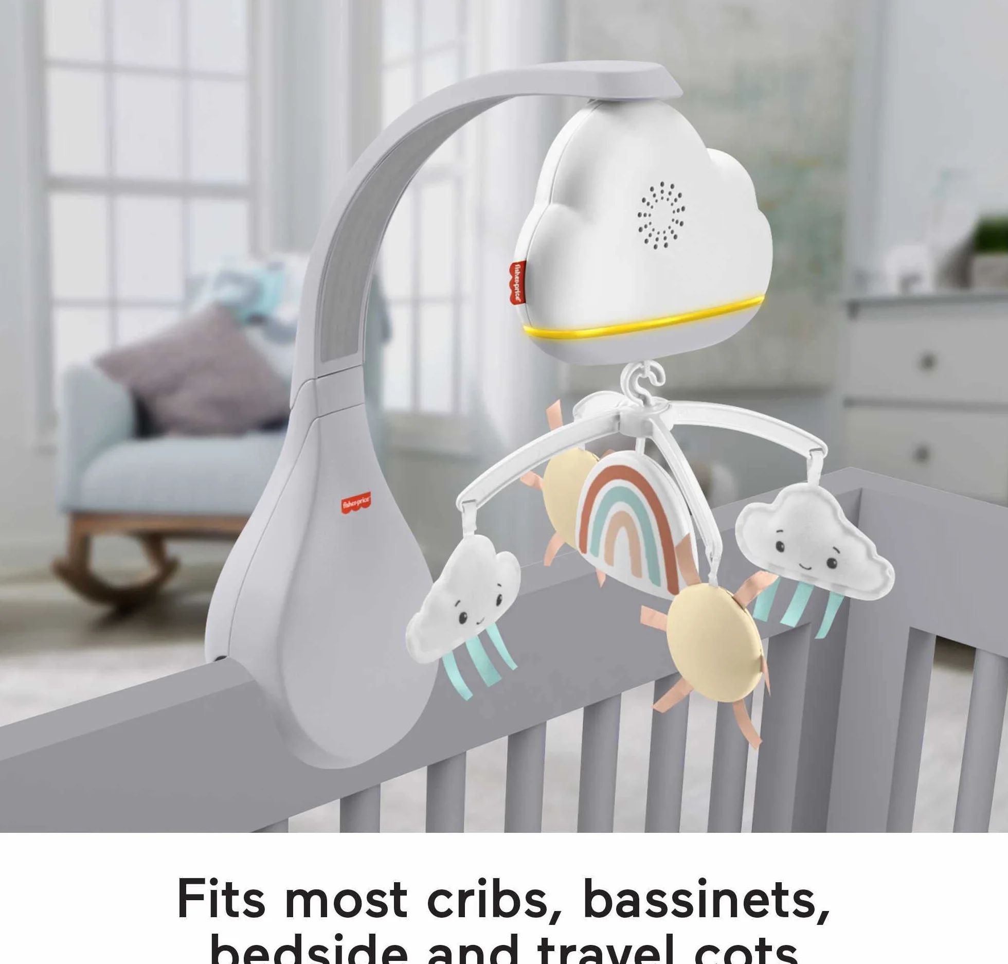 Fisher-Price Chmurkowa tęcza Uspokajacz karuzelka, uspokajacz na szafkę i zabawka z dźwiękami dla dzieci od narodzin, HBP40