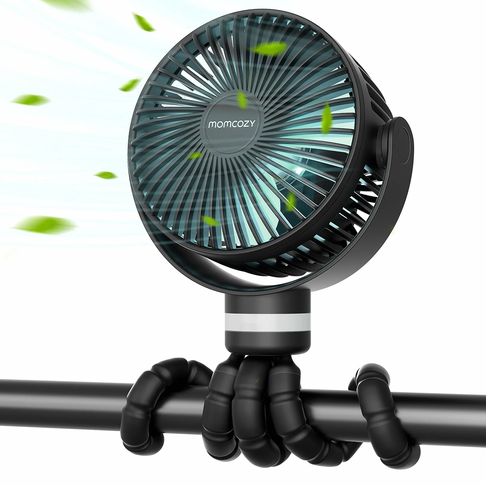 Momcozy Przenośny Wentylator Do Wózka 8000 mAh 27 H 4-Biegowy 360° LED Nocne 2 Tryby USB Ładowanie Czarny