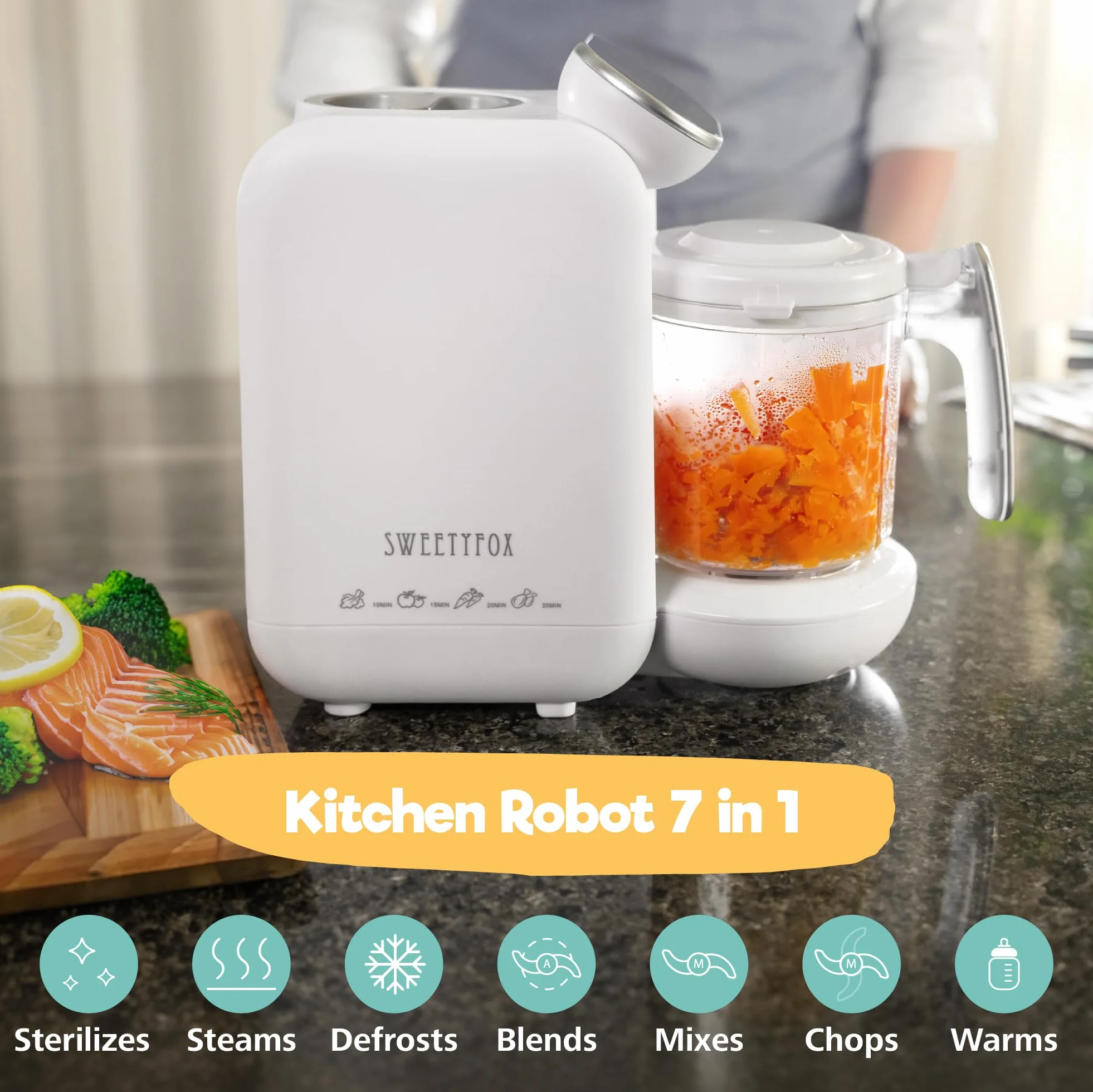 Sweety Fox - Blender z kuchenką dla niemowląt - 7 funkcji - Gotowanie na parze, Blender, Puls, Możliwość czyszczenia, Sterylizacja, Podgrzewanie, Rozmrażanie - Robot Kuchenka dla dzieci