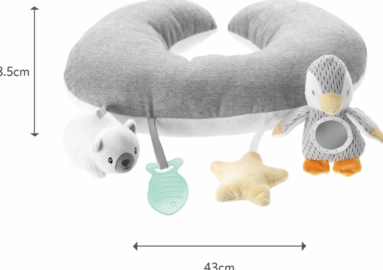 Nuby Petit Pinguin Tummy Time - interaktywna poduszka dla niemowląt, szara, odpowiednia od urodzenia