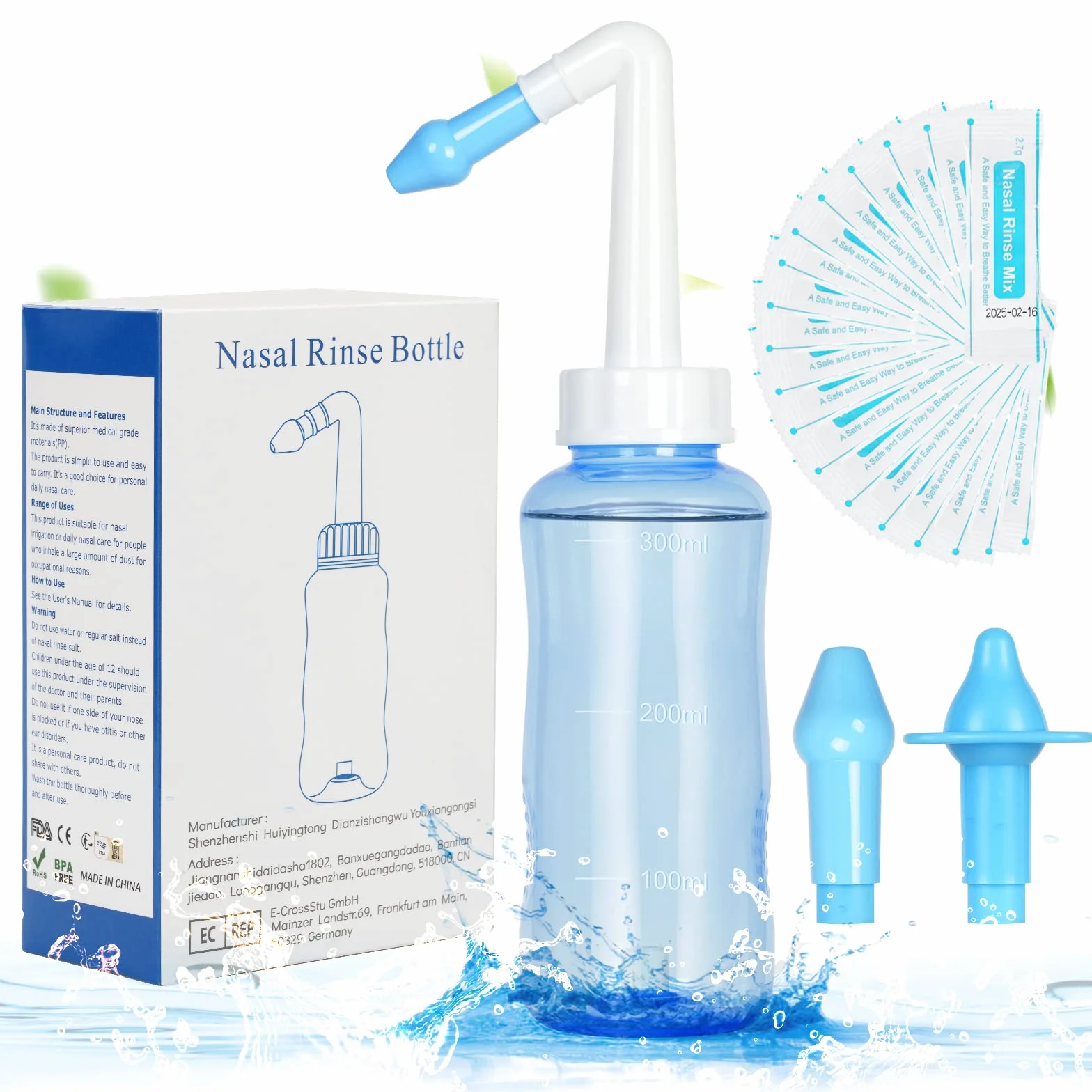 URAQT Neti Pot, zestaw do płukania nosa Płyn do płukania nosa, butelka do płukania zatok 300 ml z 40 saszetkami soli do płukania nosa, płukanka ciśnieniowa do irygacji nosa dla dorosłych i dzieci Bez BPA