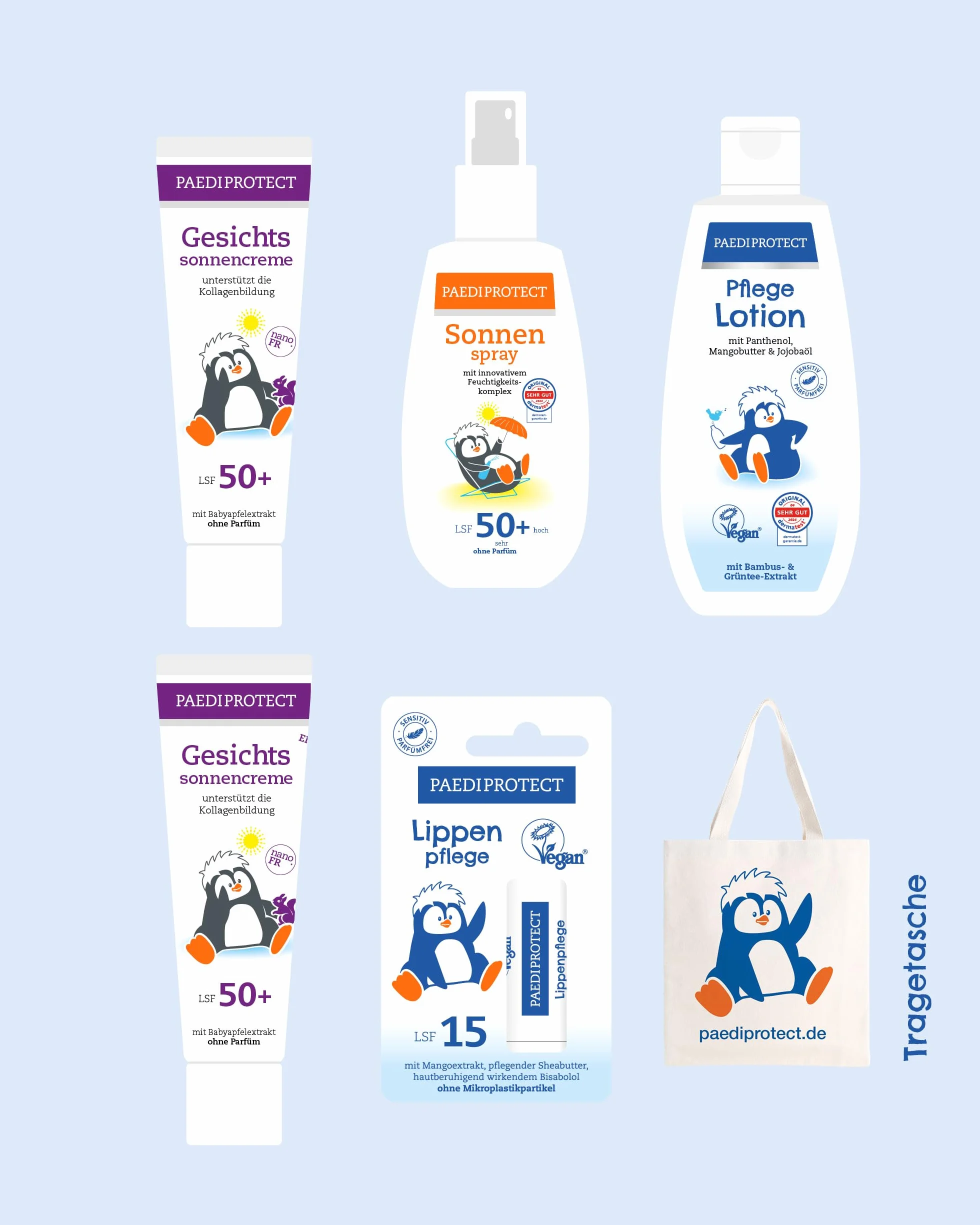 PAEDIPROTECT Zestaw wiosenny 5 produktów do ochrony przeciwsłonecznej i pielęgnacji skóry dla niemowląt i dzieci, SPF 50+, w zestawie: 2 x krem przeciwsłoneczny do twarzy, 1 x spray przeciwsłoneczny