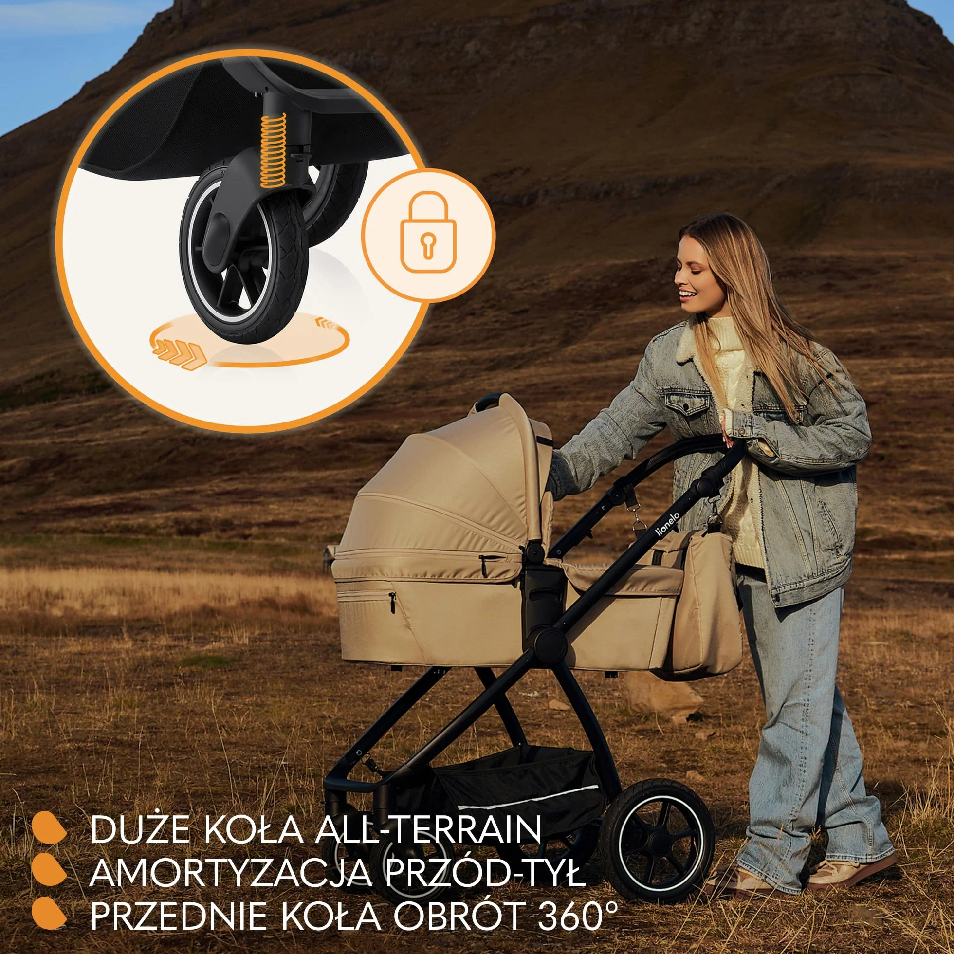 LIONELO MERIL 3 in 1 Wielofunkcyjny Wózek Dziecięcy 0-48 Miesięcy Do 22 Kg, Gondola Do 9 Kg, Fotelik Samochodowy Do 13 Kg, Koła Terenowe 360°, Pełna Amortyzacja, Budka XXL UPF50+ (Beżowy)