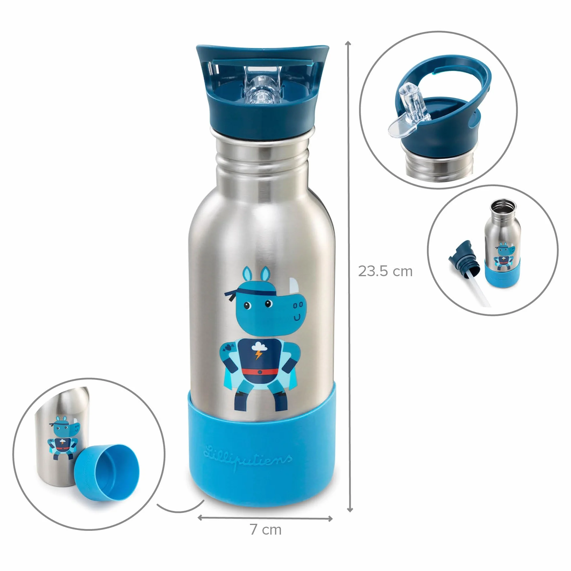 Lilliputiens Butelka do picia dla dzieci ze stali nierdzewnej 600 ml Super Marius ze słomką