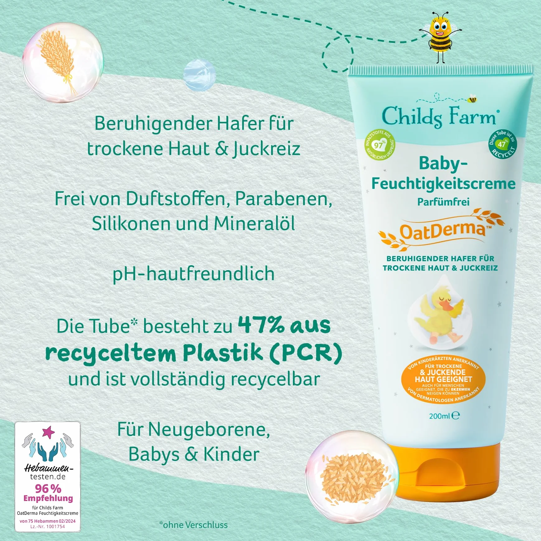 Childs Farm OatDerma krem nawilżający dla niemowląt 200 ml, bez perfum | Kojący balsam do pielęgnacji skóry, do wrażliwej lub skłonnej do egzemy skóry niemowląt i dzieci. Również dla noworodków.