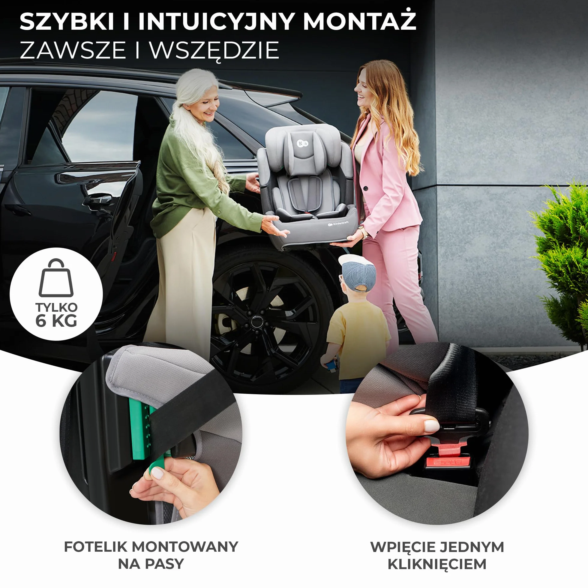 Kinderkraft COMFORT UP Fotelik samochodowy i-Size, Regulowany zagłówek, Poddany testom zderzeniowym, Systemy bezpieczeństwa, Wkładka dla najmłodszych, Norma R129, Grupa ECE I/II/III 9-36 kg, Różowy