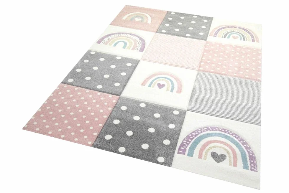 CARPETIA Dywan dziecięcy do pokoju dziecięcego, do zabawy, motyw serca, tęcza, kropki, kremowy, różowy, szary, wymiary 200 x 290 cm