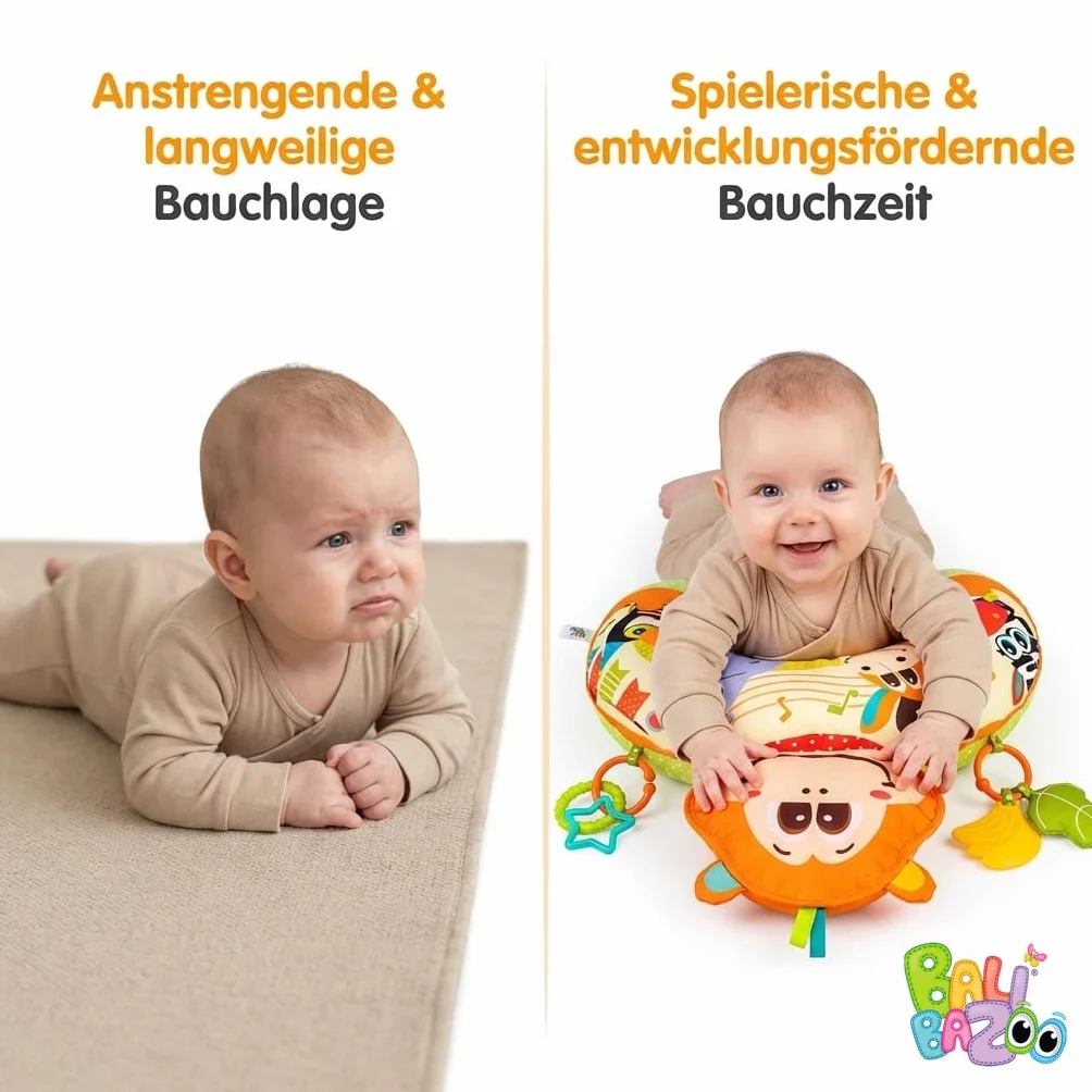 BALIBAZOO Tummy Time poduszka do zabawy dla niemowląt, bez BPA, sensoryczna poduszka na brzuch z papierem trzaskającym, gryzakiem, piszczeniem i grzechotką – idealna do wspierania pozycji na brzuchu