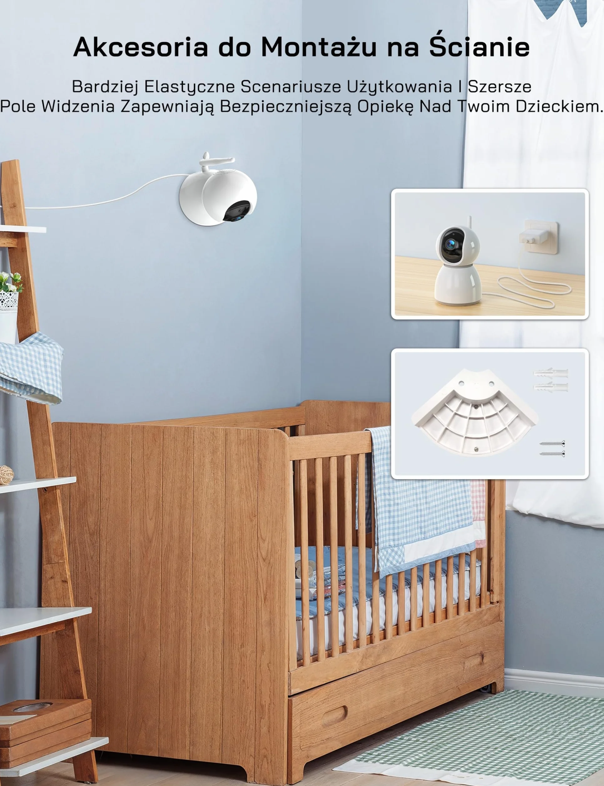 WOLFANG WB03 Baby Monitor 5" 720P z 10-godzinną baterią, kamera 1080P z noktowizorem i 2-krotnym zoomem cyfrowym, monitor wideo Pan-Tilt-Zoom bez WiFi, 2-drożna rozmowa, temperatura, 8 kołysanek