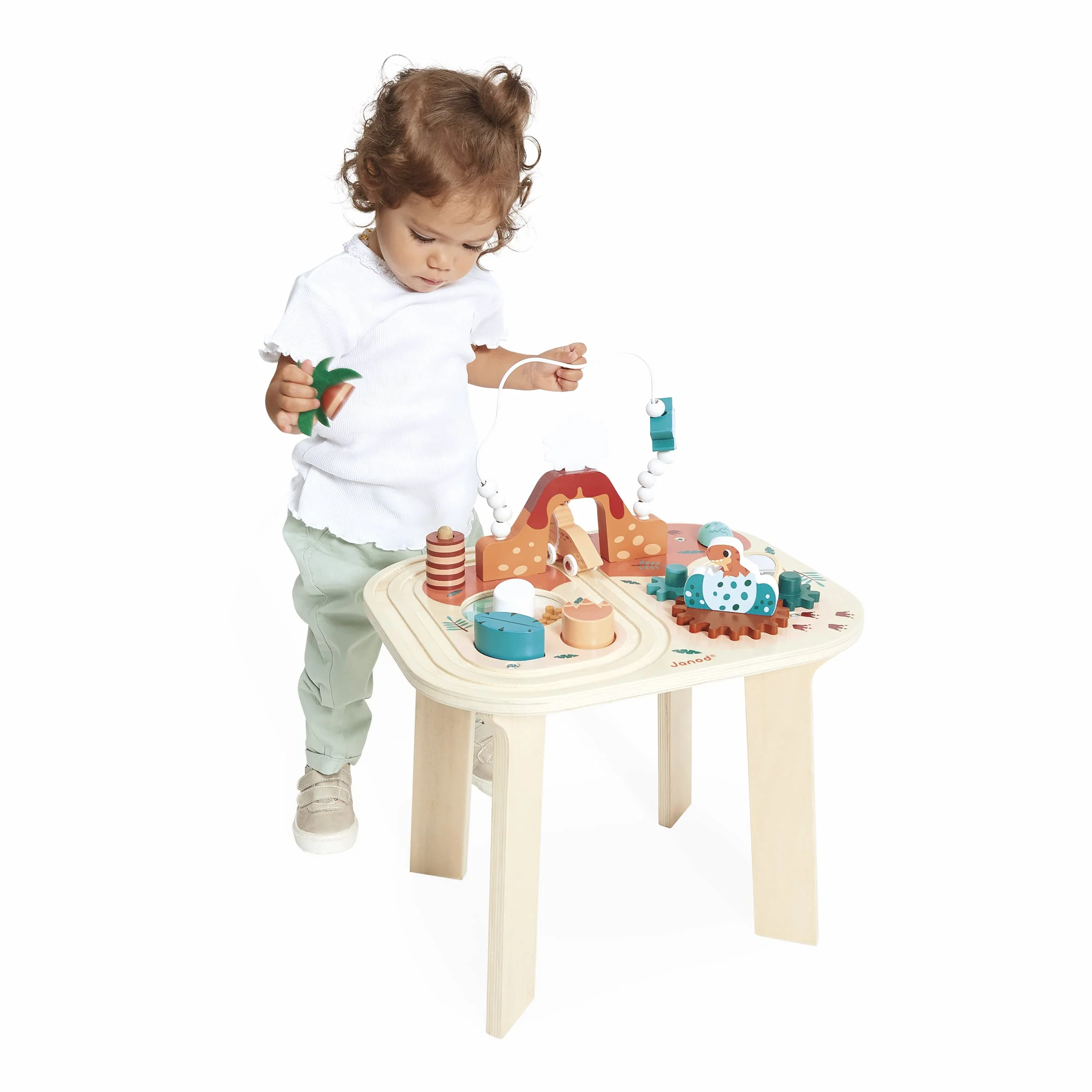 Janod Table Dinosaur-8 zajęć Pierwsza epoka przebudzenia-rozwija umiejętności motoryczne i zręczność-drewniana zabawka FSC-od 12 miesięcy, J05825, Wielokolorowa, Medium