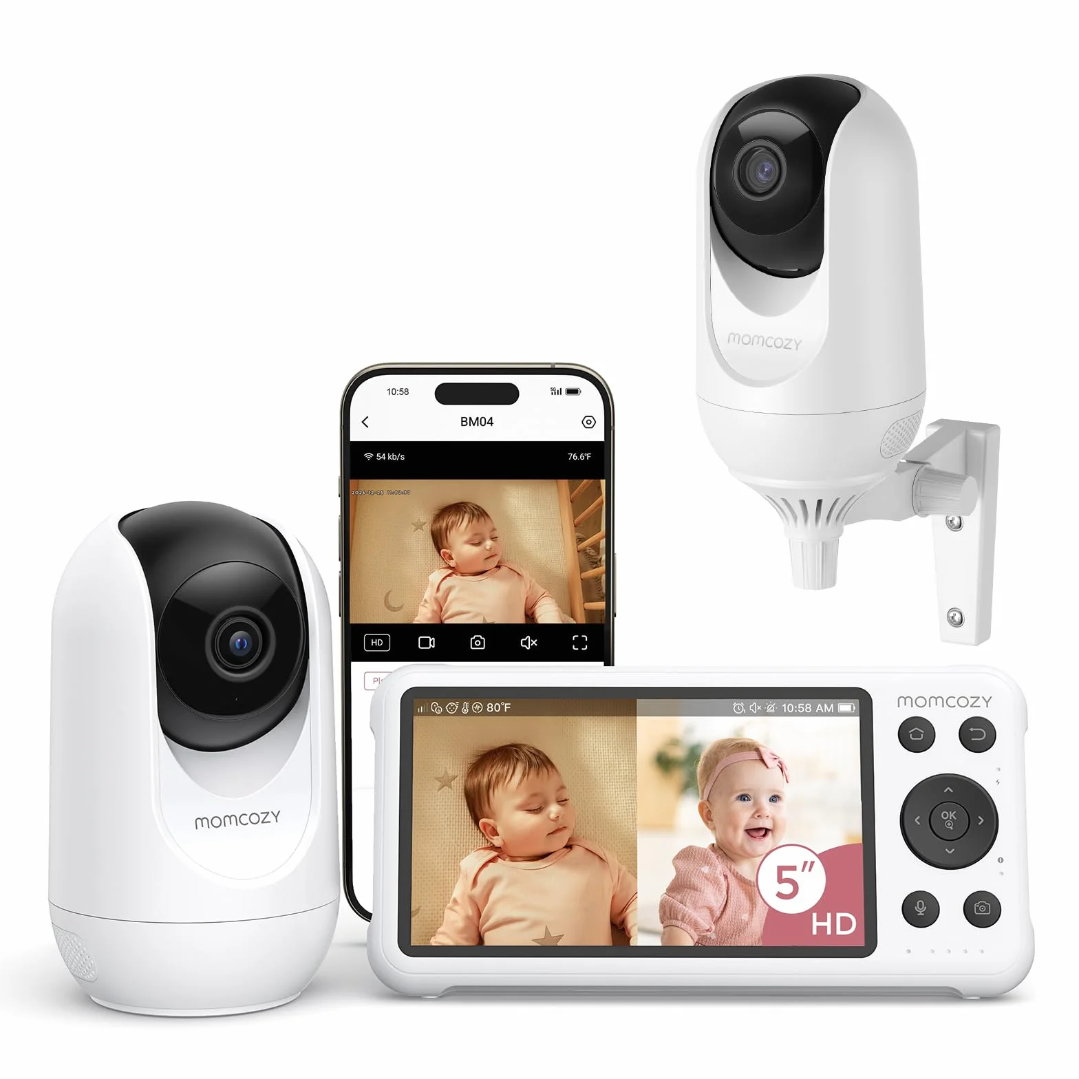 Monitor wideo dla niemowląt Momcozy BM04, 5-calowy monitor Wi-Fi 1080P, 4-krotny zoom, wykrywanie ruchu i płaczu, bezpieczna strefa, wyraźny obraz w nocy