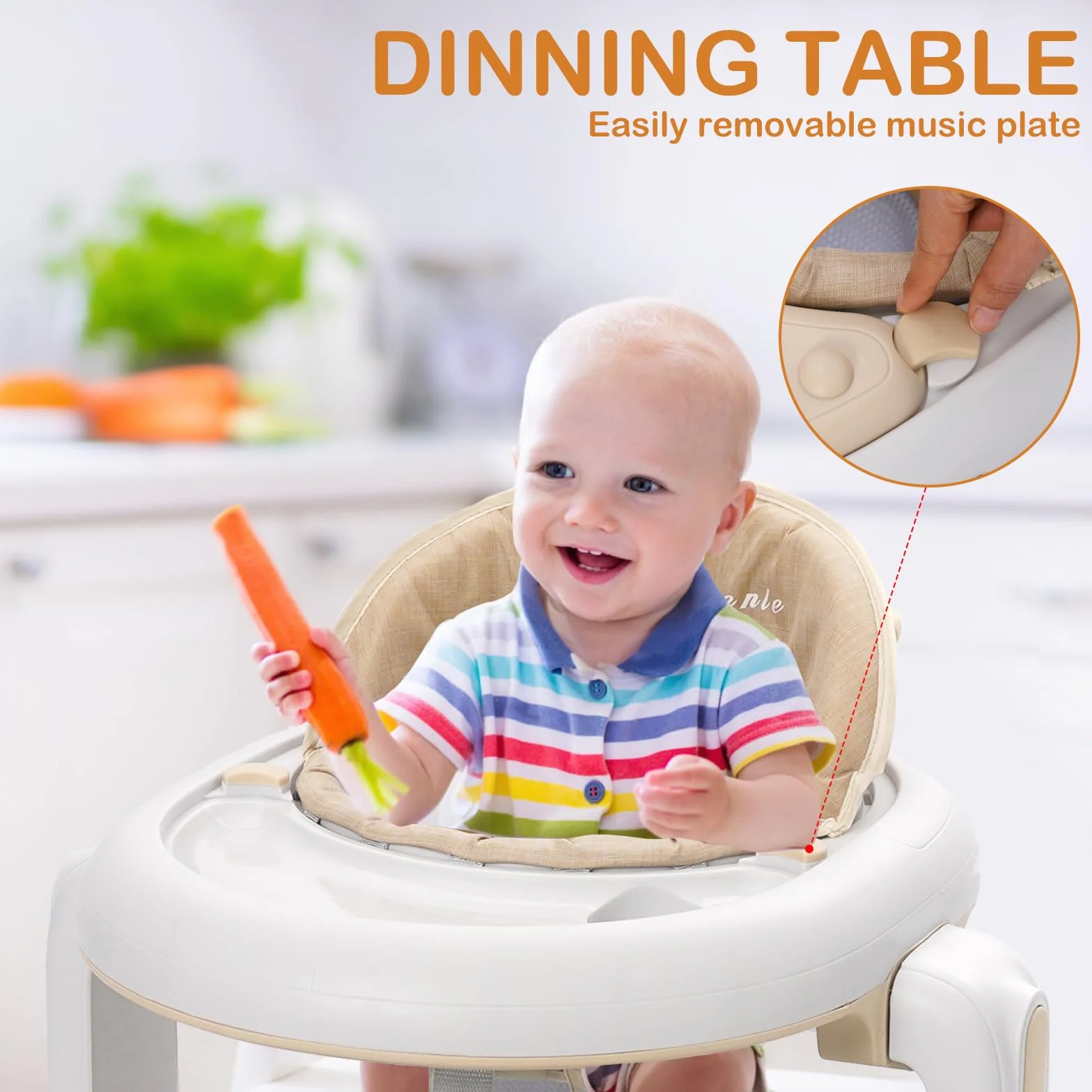 3 w 1 Chodzik dla dzieci, 6 regulowanych wysokości i 2 poziomów regulowanego siedzenia, BabyWalker z cichymi kołami 360°, tacą na kolację i wyjmowaną tacą na muzykę, dla dzieci w wieku 6-18 miesięcy