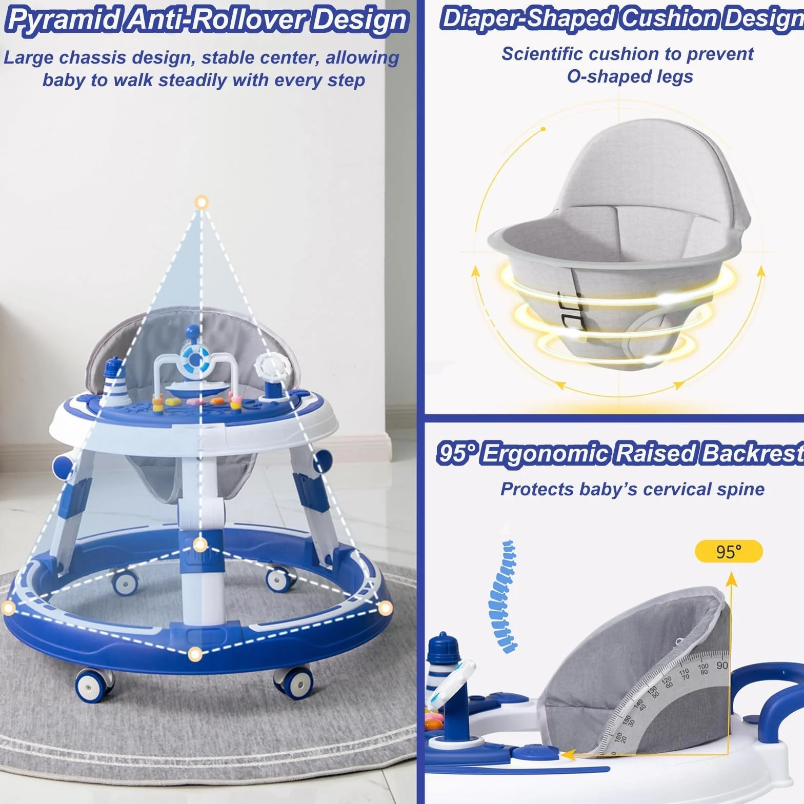 5 w 1 chodzik Baby Walker, z regulacją wysokości, składane, 360°, z muzyką i zdejmowaną tacą, nadaje się dla dzieci od 6 miesięcy