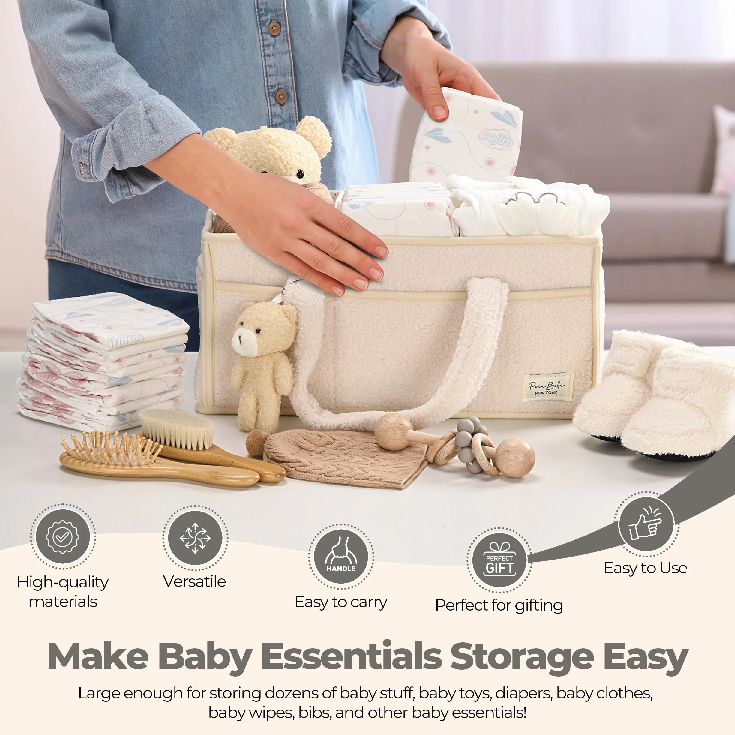 PeraBella Organizer na pieluchy dla niemowląt na stół do przewijania, kosz do przechowywania pieluch i chusteczek dla niemowląt, prezent na baby shower, organizer samochodowy na pieluchy, przenośny