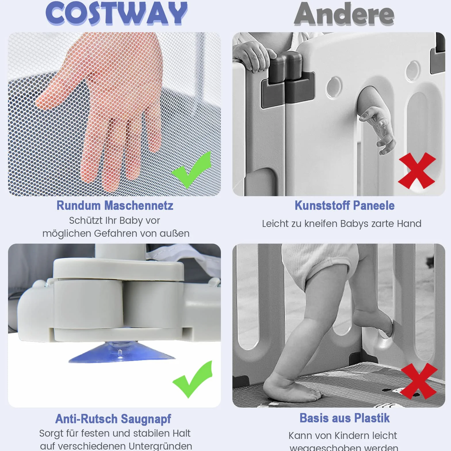 COSTWAY Kojec dla niemowląt 124 x 124 cm, składany, przenośny kojec z 50 piłkami, 4 uchwyty, funkcja blokowania, kratka do raczkowania ze ściankami z siatki i drzwiami, namiot dla niemowląt i dzieci