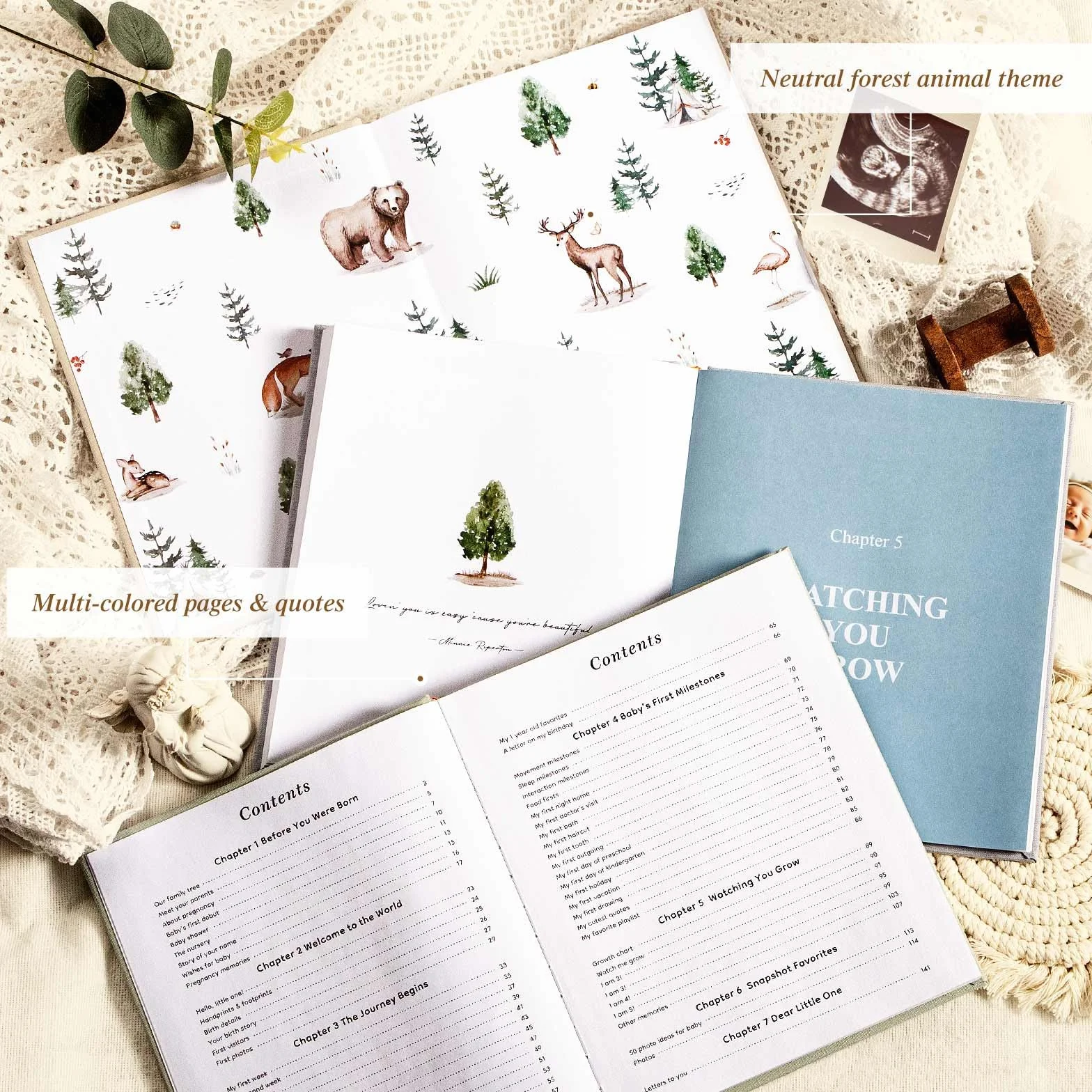 Lanpn Hello Baby książka pamiątkowa dla chłopca lub dziewczynki, lniana okładka, 5-letni, album fotograficzny, kamień milowy noworodka, pamiątka dla nowych rodziców (niebieski, 154 strony)