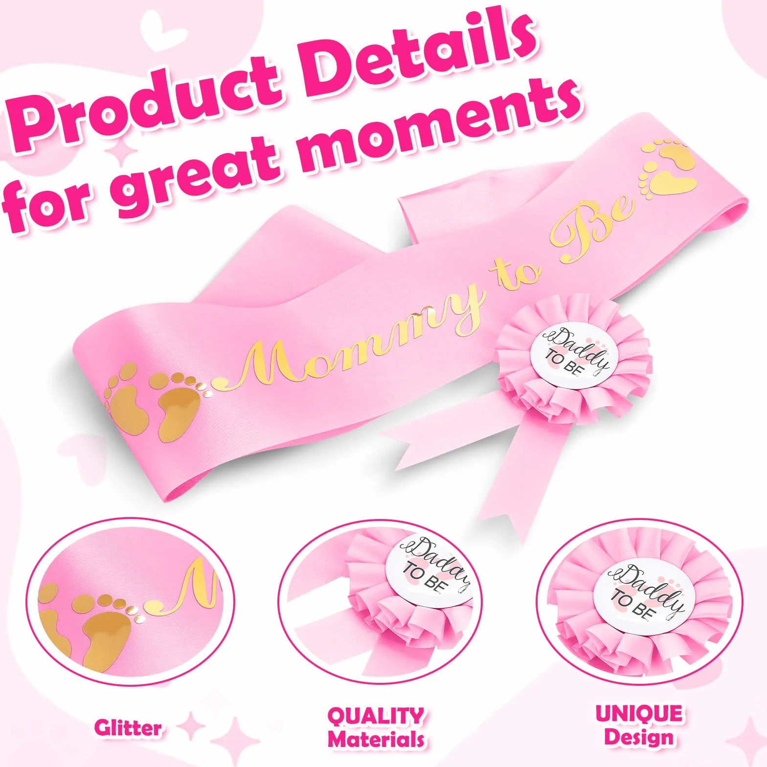 Szarfa Mom to Be Złote Brokatowe Litery Odznaka Expecting Dad Zestaw Dekoracja Baby Shower Różowy