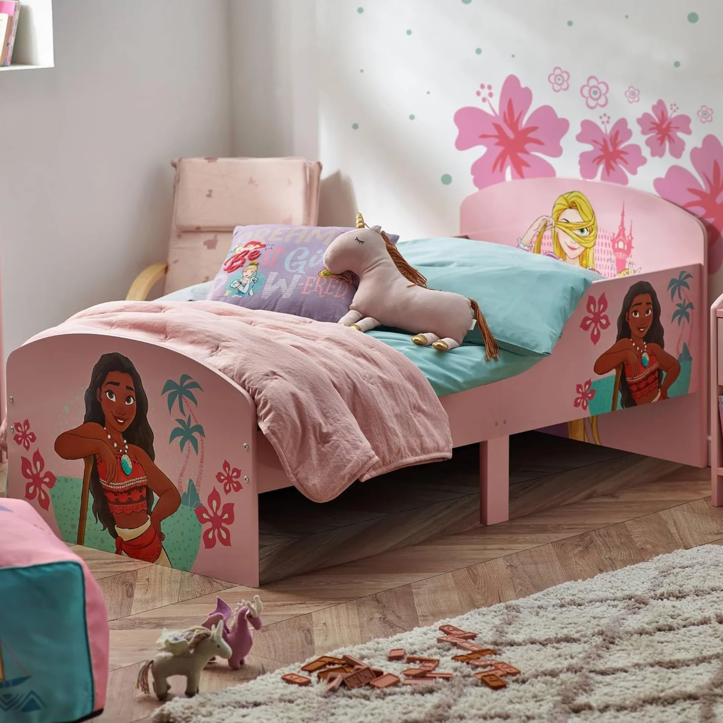 Disney Łóżko dziecięce, różowe wykończenie, 143 cm, szer. x 75 cm, szer. x 64 cm wys