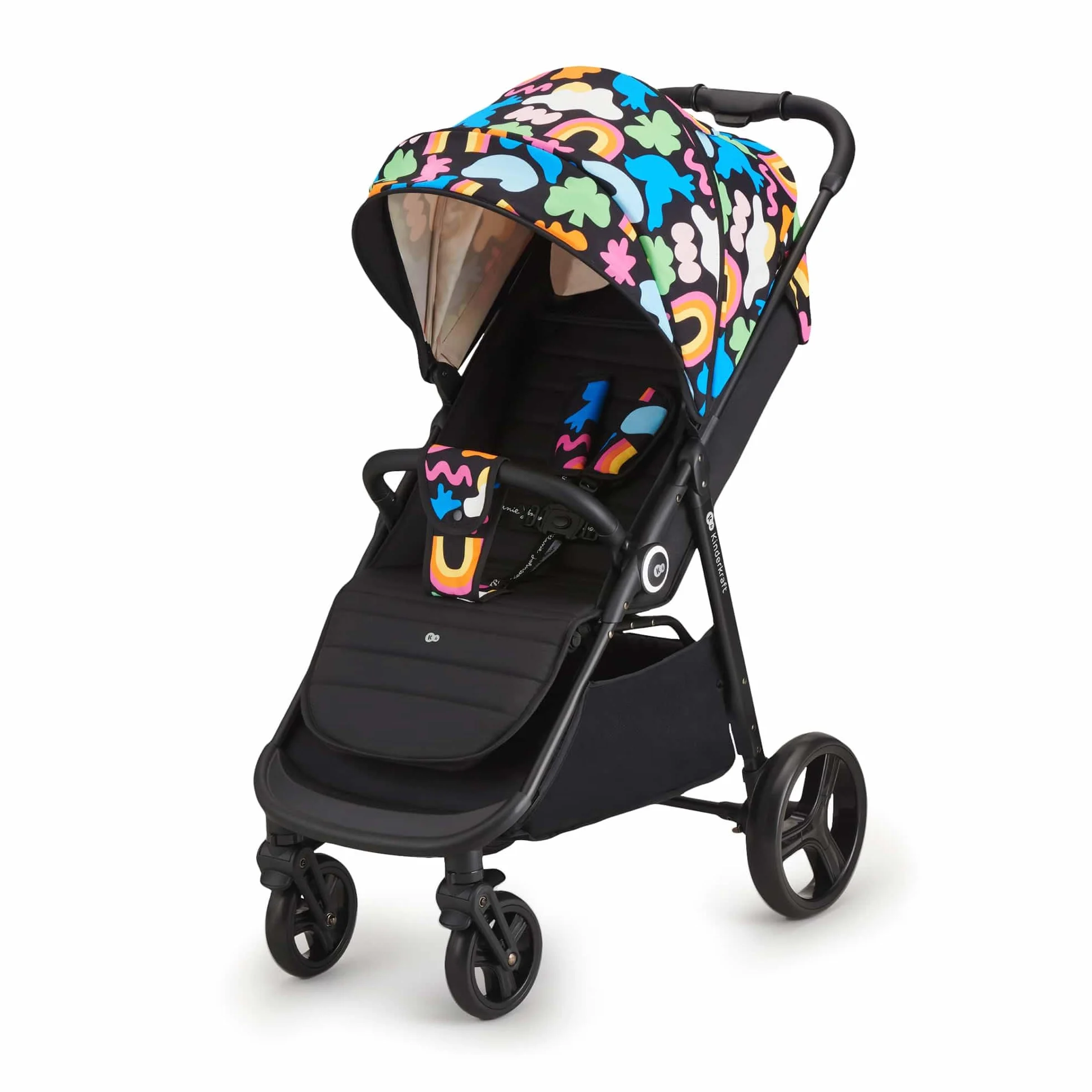 Kinderkraft GRANDE PLUS Wózek laskowy od urodzenia do 22 kg, składane jedną ręką, wydłużona pozycja, wysuwany kaptur, 4 amortyzowane koła, Happy Shapes