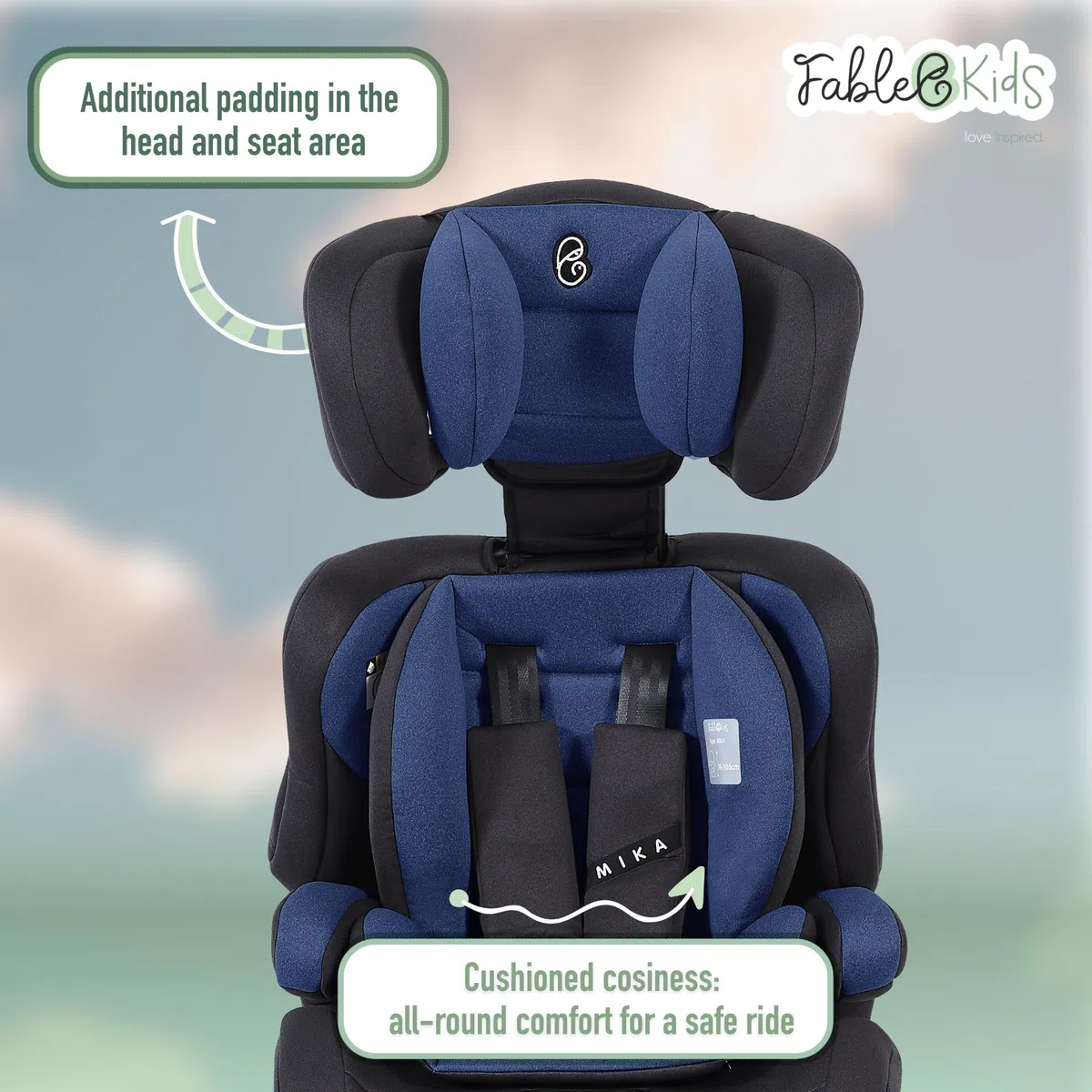 FableKids Fotelik dziecięcy | 5-punktowe szelki bezpieczeństwa | Grupa 1+2+3 dla 9-36 kg | Regulowany zagłówek | Zdejmowane oparcie | Regulowane (44 x 44 x 66-78 cm) (niebieski)