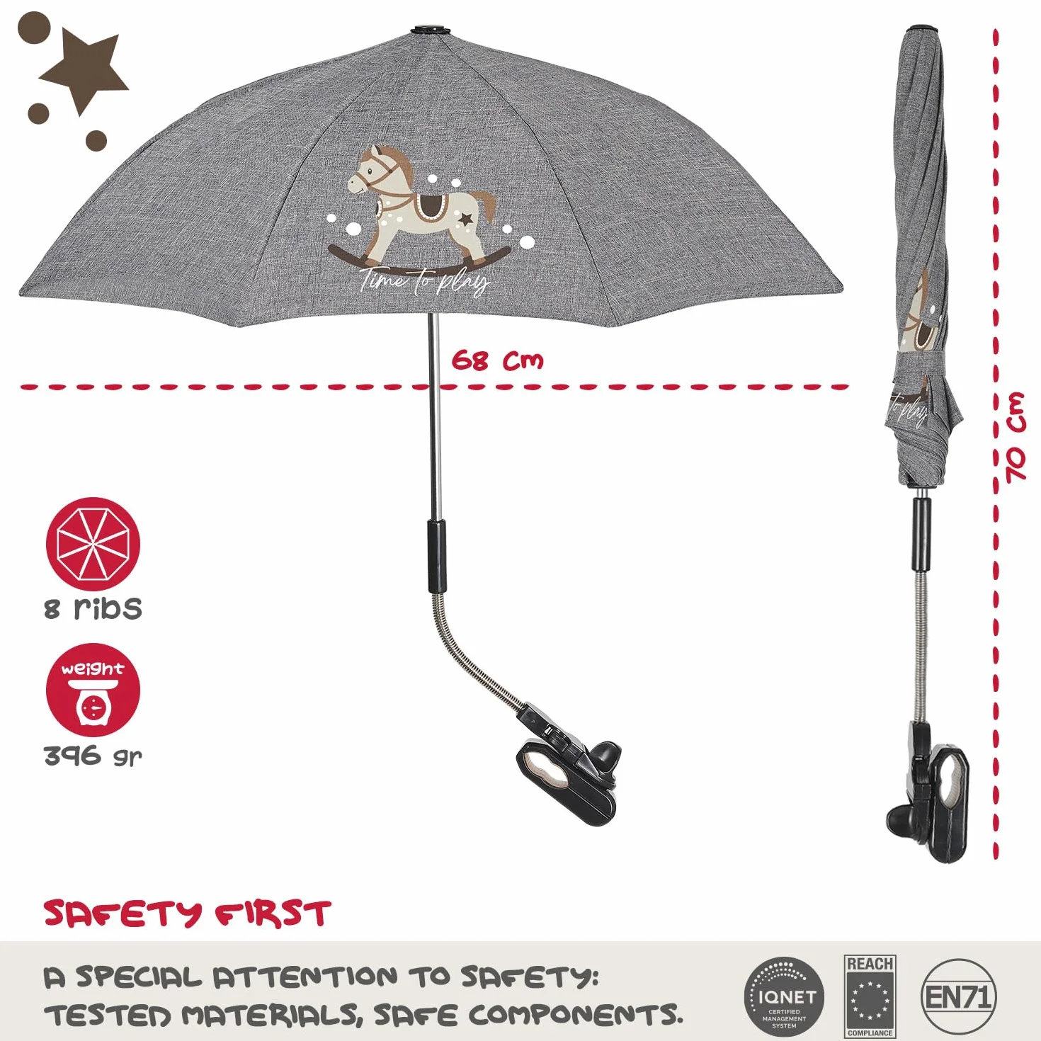 PERLETTI Uniwersalna Parasolka Przeciwsłoneczna do Wózka Anti-UV 50+ - Parasol Słońce Deszcz dla Niemowląt Dzieci - Mini Parasolka Ręczna do Wózka Dziecięcego Szara - Średnica 68 cm (Koń na Biegunach)