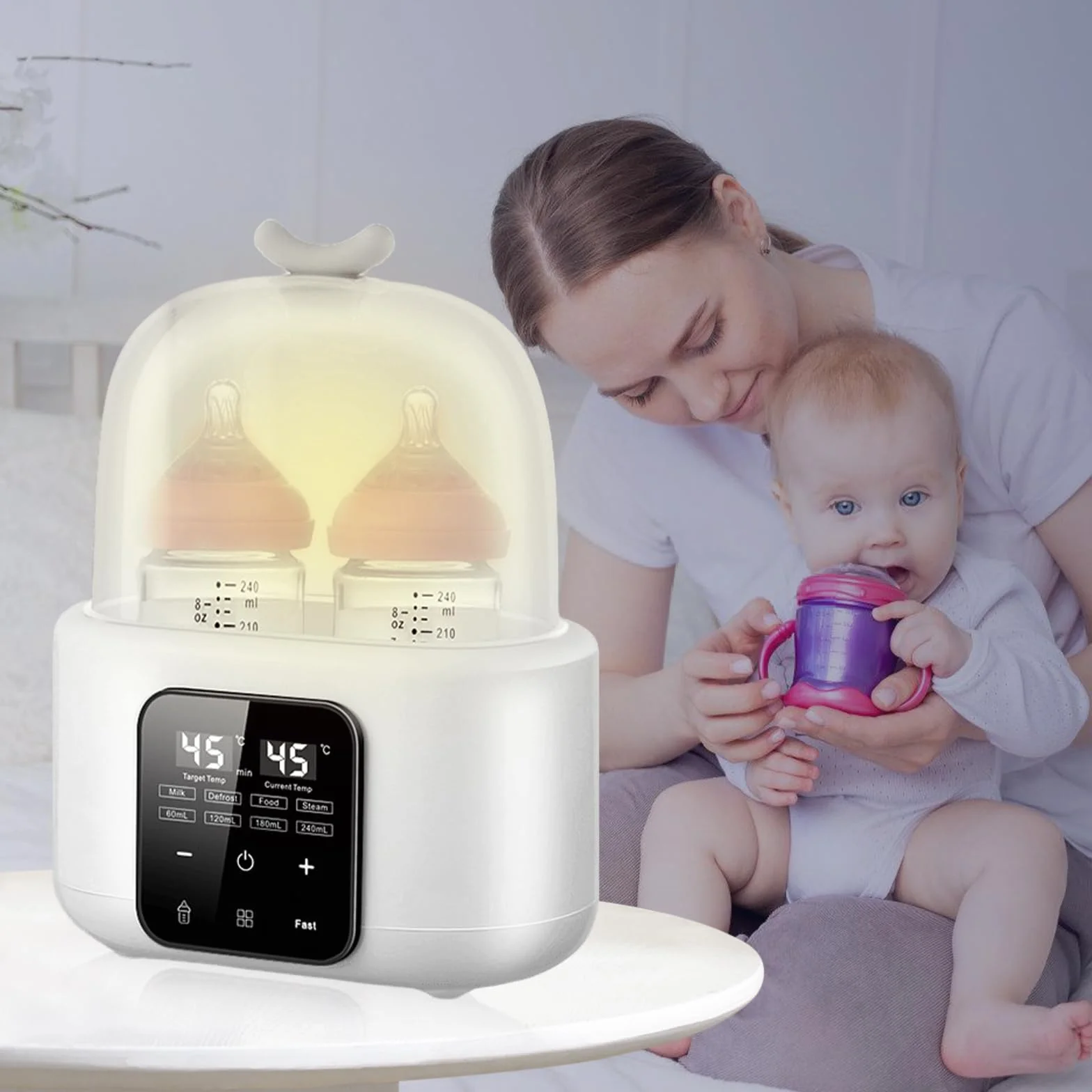 Podgrzewacz do butelek dla niemowląt, 6 w 1, z regulacją temperatury, sterylizator do butelek dla niemowląt, szybkie podgrzewanie i rozmrażanie posiłków dla niemowląt, podgrzewacz mleka z cyfrowym