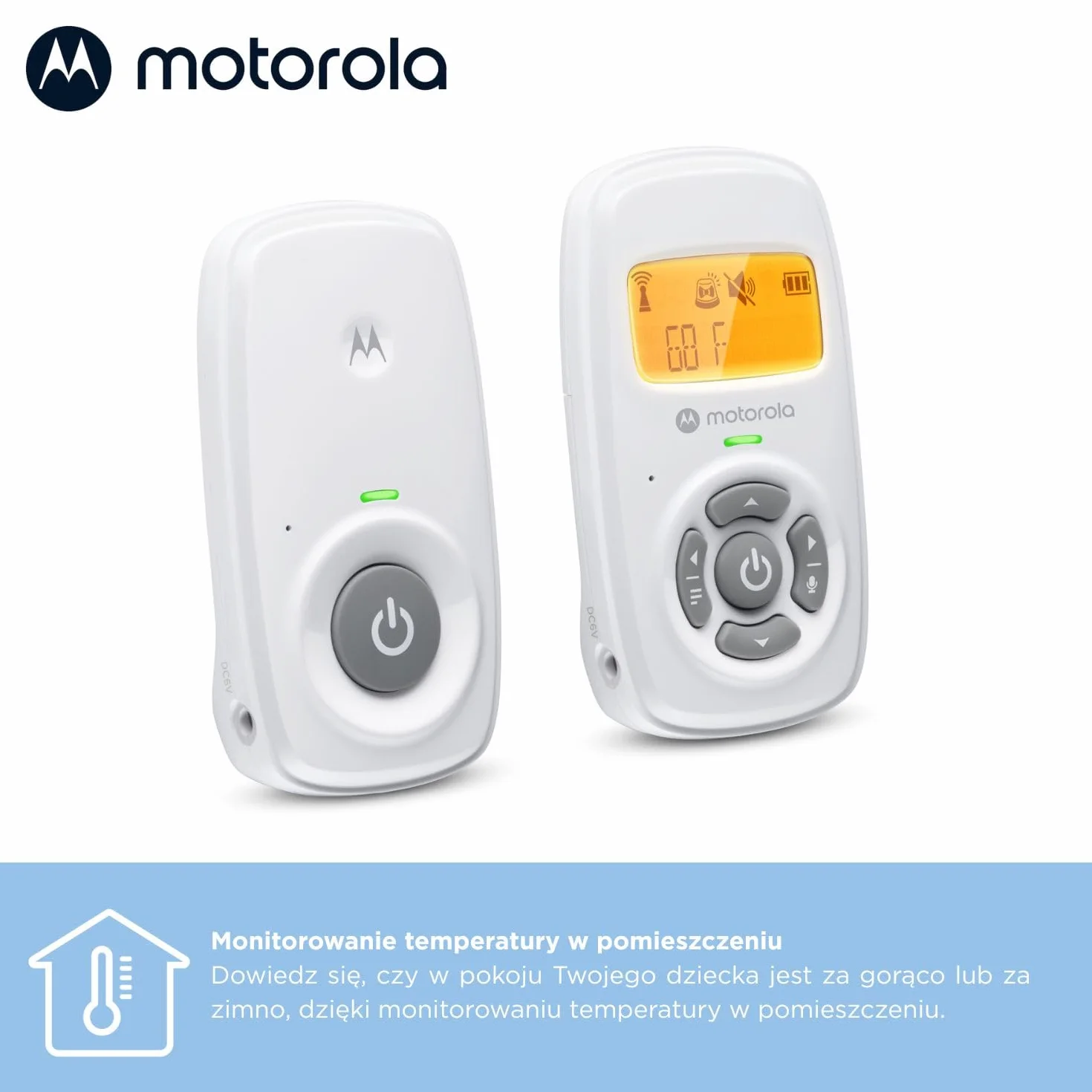 Motorola Nursery AM24 Elektroniczna niania, dwukierunkowa rozmowa, mikrofon o wysokiej czułości, wyświetlacz LCD, technologia DECT, zasięg do 300 metrów, regulacja głośności, alarm baterii