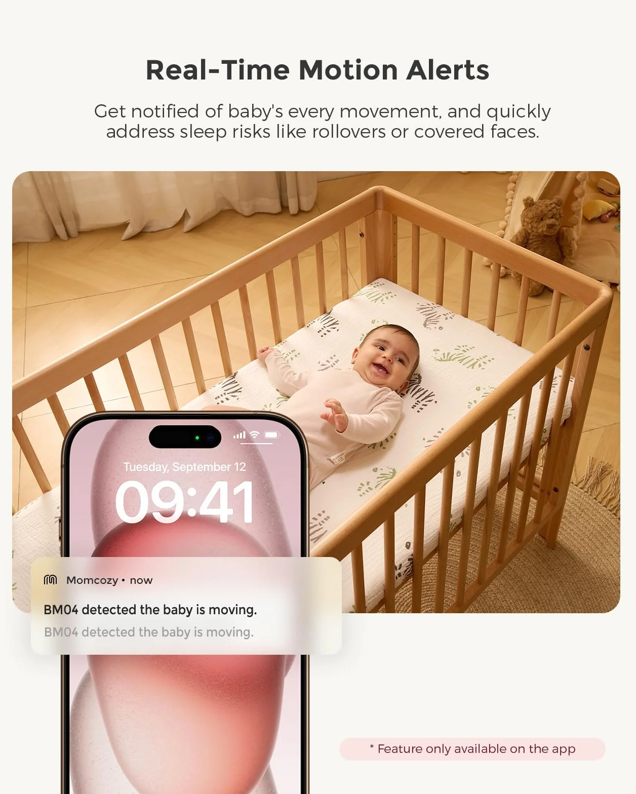 Monitor wideo dla niemowląt Momcozy BM04, 5-calowy monitor Wi-Fi 1080P, 4-krotny zoom, wykrywanie ruchu i płaczu, bezpieczna strefa, wyraźny obraz w nocy