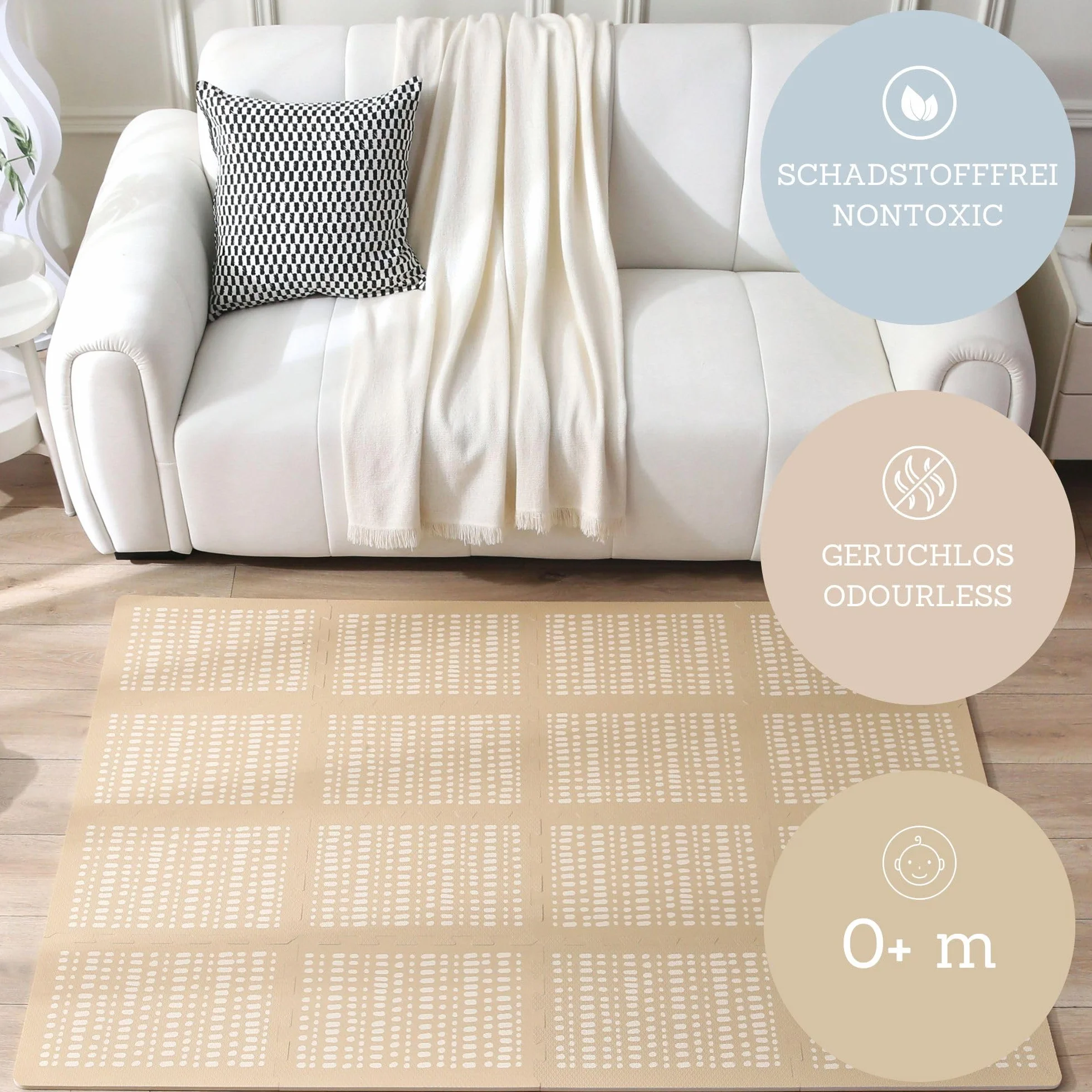 Elegancki dywan do puzzli dla niemowląt 1,7 x 1,2 m Hygge Sand - 16 płytek XL z krawędziami, gruby i miękki, bez szkodliwych substancji, bezwonny, łatwy w pielęgnacji, opakowanie bez plastiku.