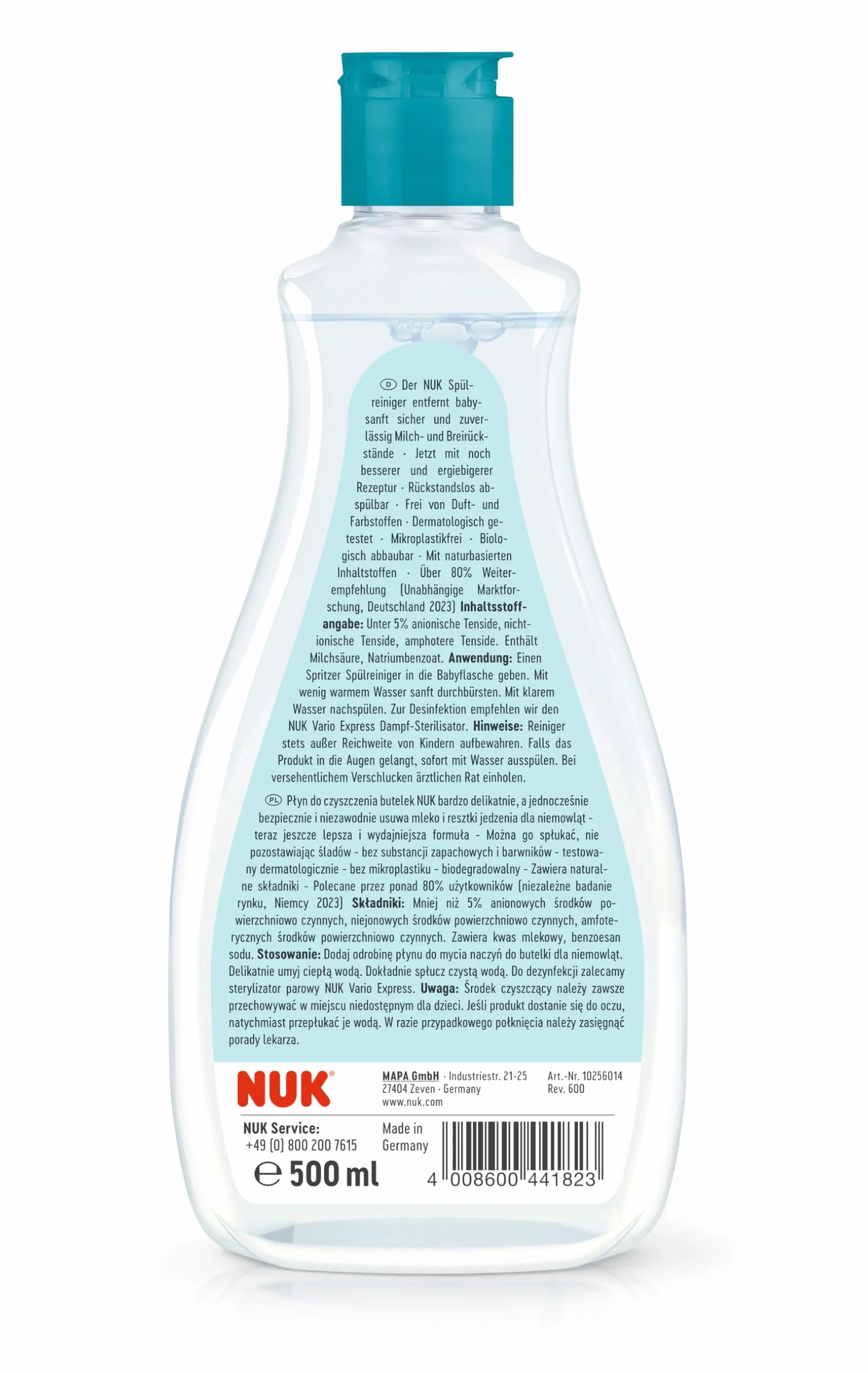 NUK Środek do mycia naczyń do butelek dla niemowląt | 500 ml | idealny do czyszczenia butelek dla niemowląt, nuklem i akcesoriów | środek czyszczący bez substancji zapachowych | neutralne pH | butelka