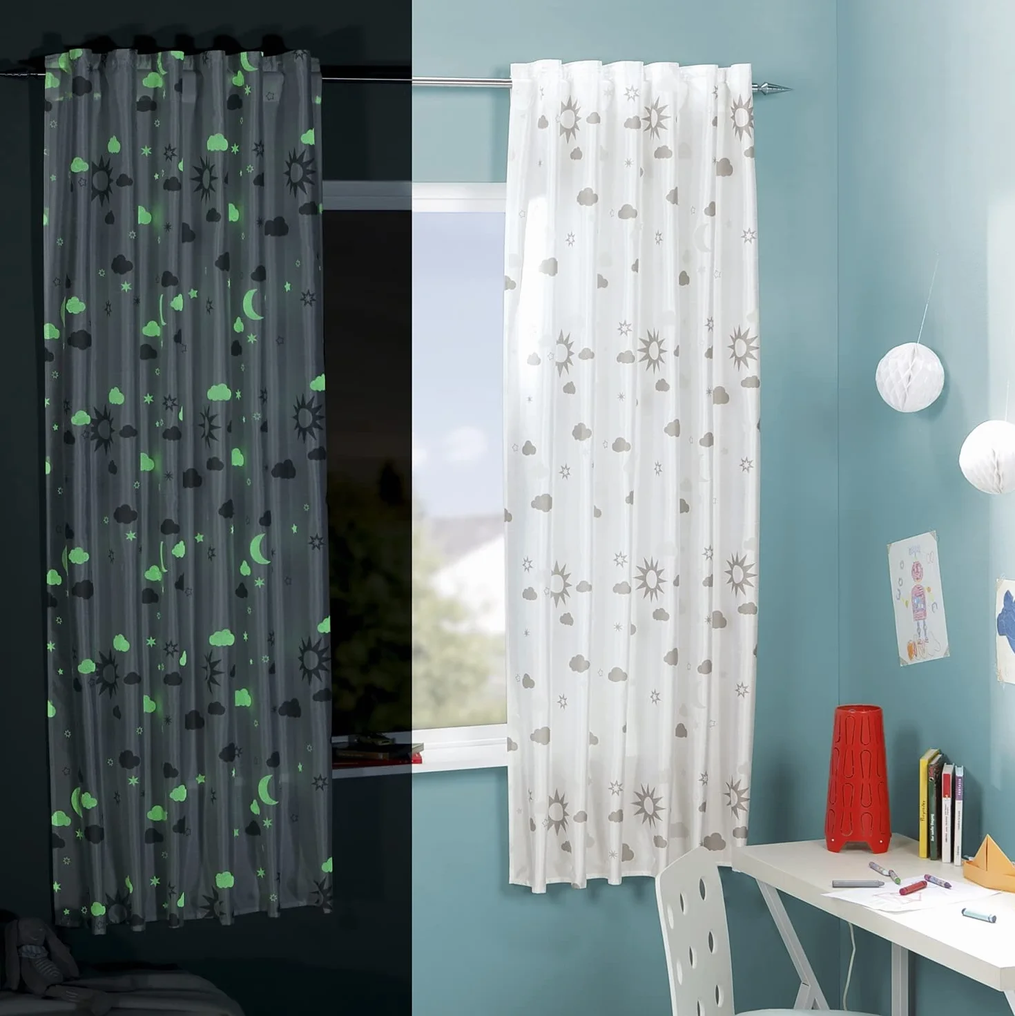 Delindo Lifestyle Magiczna fluorescencyjna firanka do pokoju dziecięcego, 140 x 175 cm, 1 sztuka, ukryte pętelki lub taśma marszcząca, nowoczesna biała, nieprzezroczysta zasłona okienna dla dziewcząt