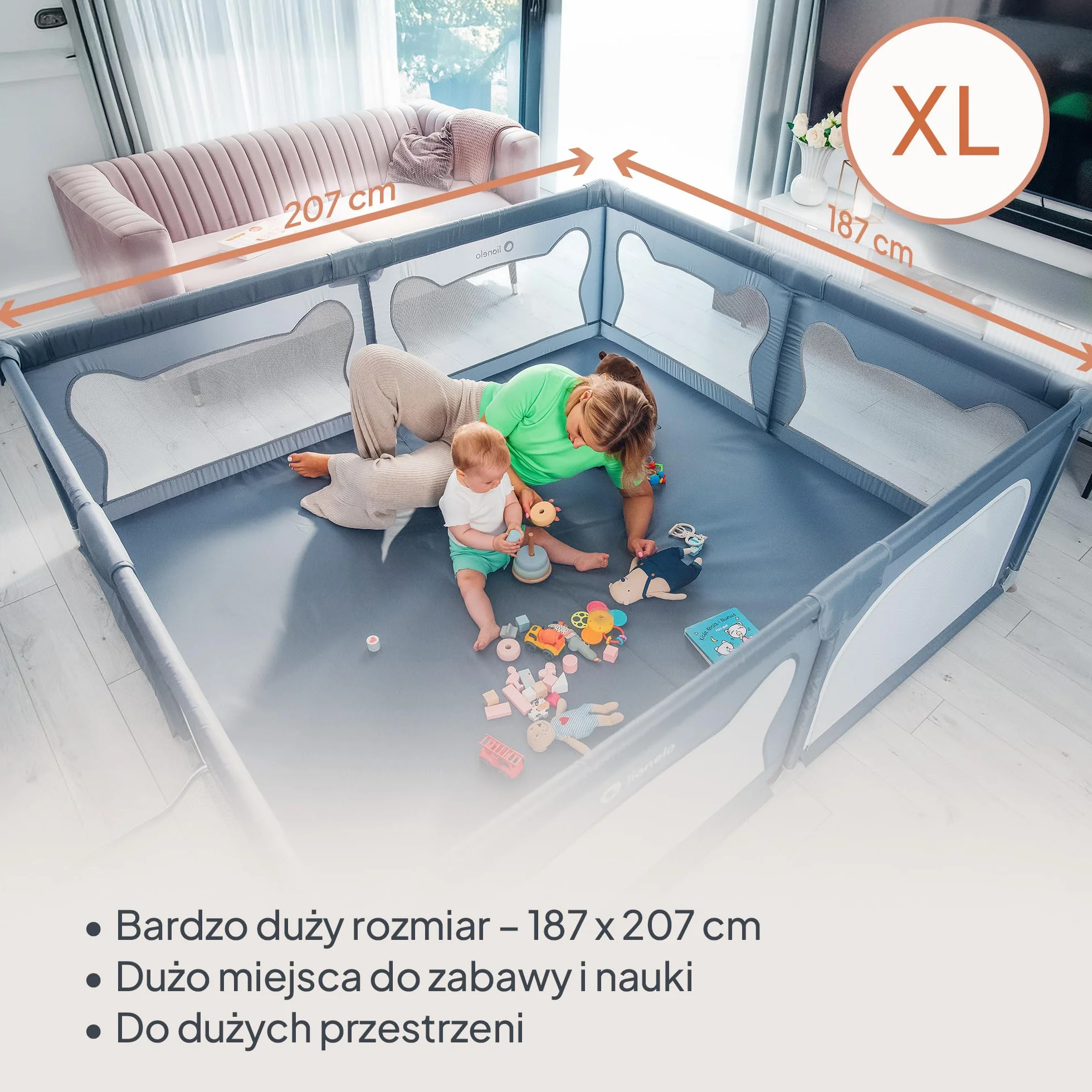 LIONELO WILLOW XL Składany Kojec dla Dziecka, od 0-48 miesięcy, Duża Przestrzeń 187 cm x 207 cm x 68 cm, Kojec dla Niemowląt z Oddychającą Siatką, 2 Boczne Wejścia na Zamek (Szary)