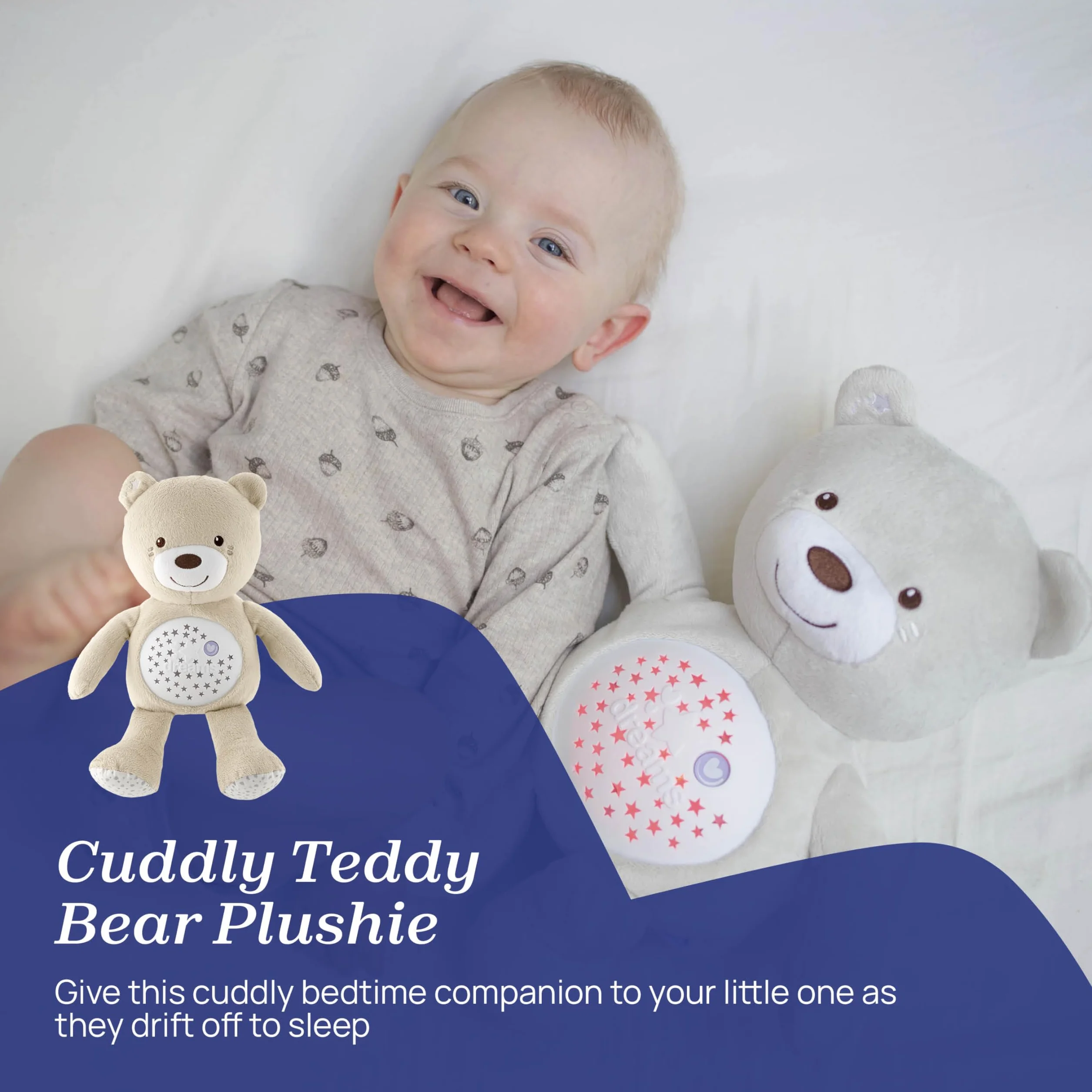 Chicco First Dreams Miś z Projektorem, Miękki Pluszowy Miś Wyświetlający Kolorowe Gwiazdki, Lampka Nocna dla Dzieci, Efekty Świetlne i Relaksujące Melodie, Zabawki dla Niemowląt 0 m +, Beżowy