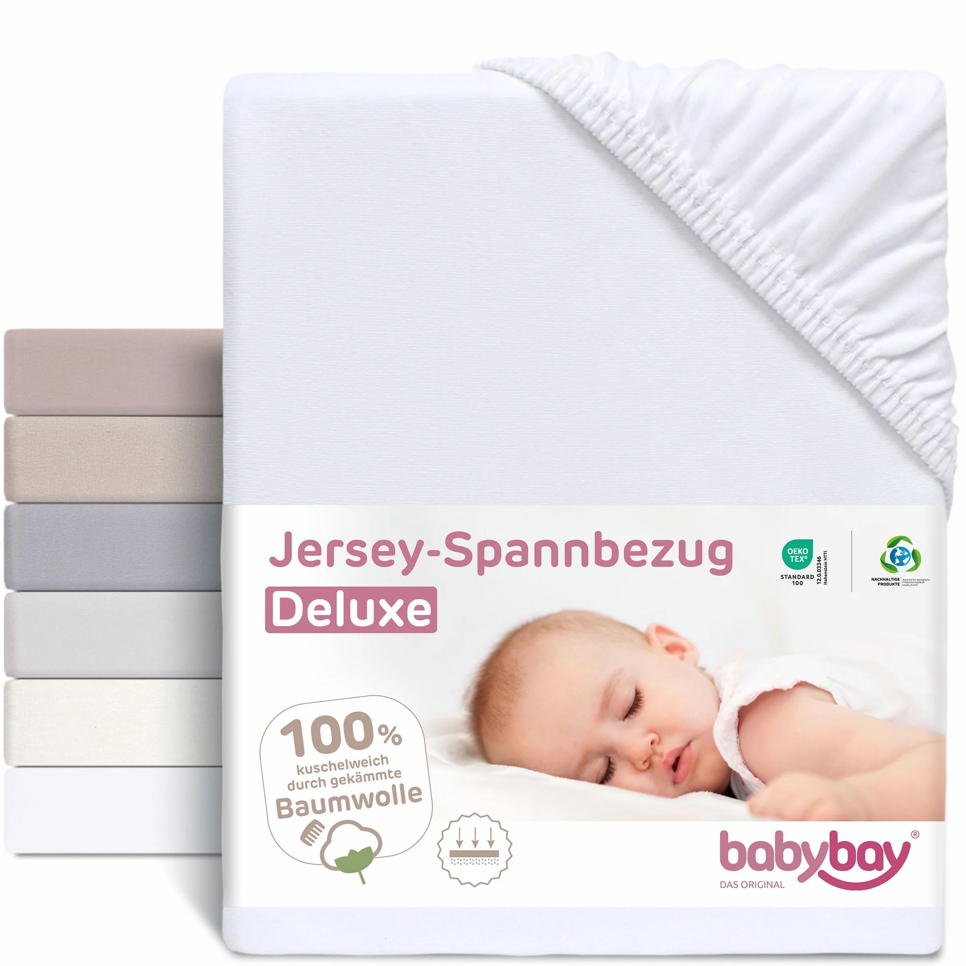 babybay Jersey prześcieradło z gumką Deluxe z membraną pasuje do modeli Maxi, Midi, Boxspring, Comfort i Comfort Plus, białe, 89 x 50 cm (pojedyncze opakowanie)