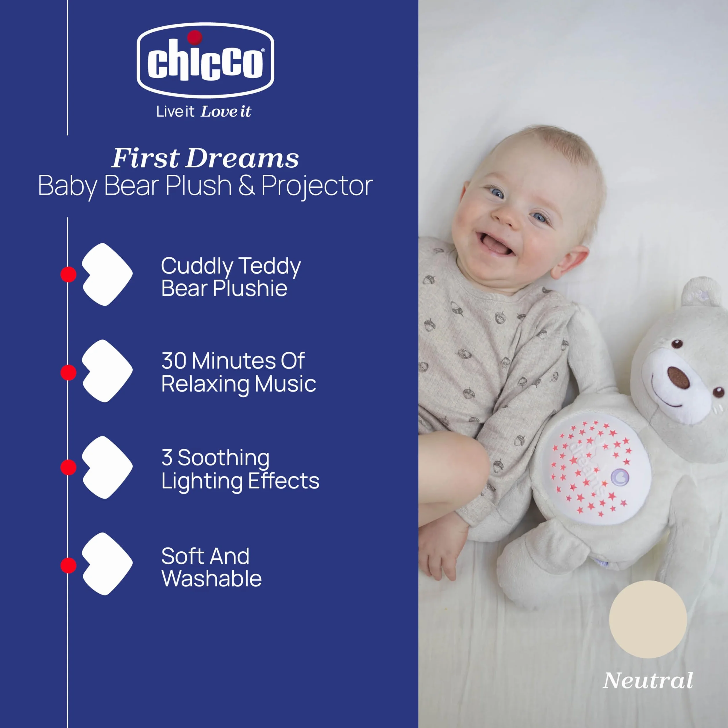 Chicco First Dreams Miś z Projektorem, Miękki Pluszowy Miś Wyświetlający Kolorowe Gwiazdki, Lampka Nocna dla Dzieci, Efekty Świetlne i Relaksujące Melodie, Zabawki dla Niemowląt 0 m +, Beżowy