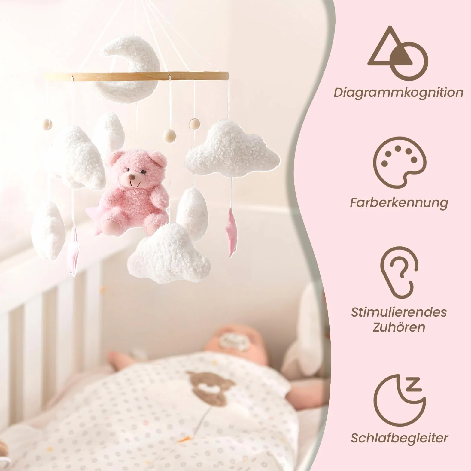 Herfair Mobile Baby Dzwonek do łóżeczka dziecięcego pluszowy miś drewniany różowy