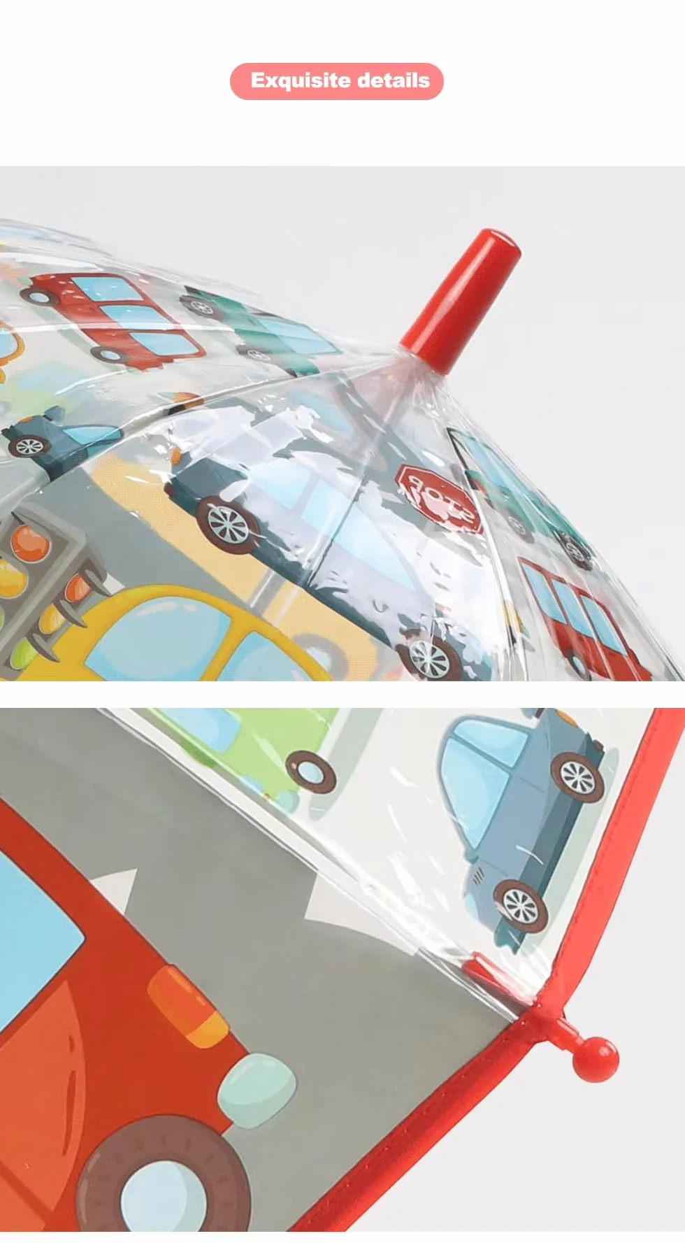 Parasol dziecięcy z dachem kopułowym – lekki, uroczy, zabawny design, ochrona przed wiatrem i deszczem, parasol w kształcie dzwonka, przezroczysty – prezent dla dzieci, Czerwone wózki, small