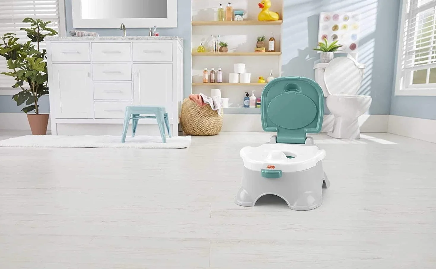 Fisher-Price Nocnik 3-w-1 Nocniczek i podnóżek do nauki korzystania z toalety, ze zdejmowaną nakładką na sedes i zbiorniczkiem do mycia, GYP61