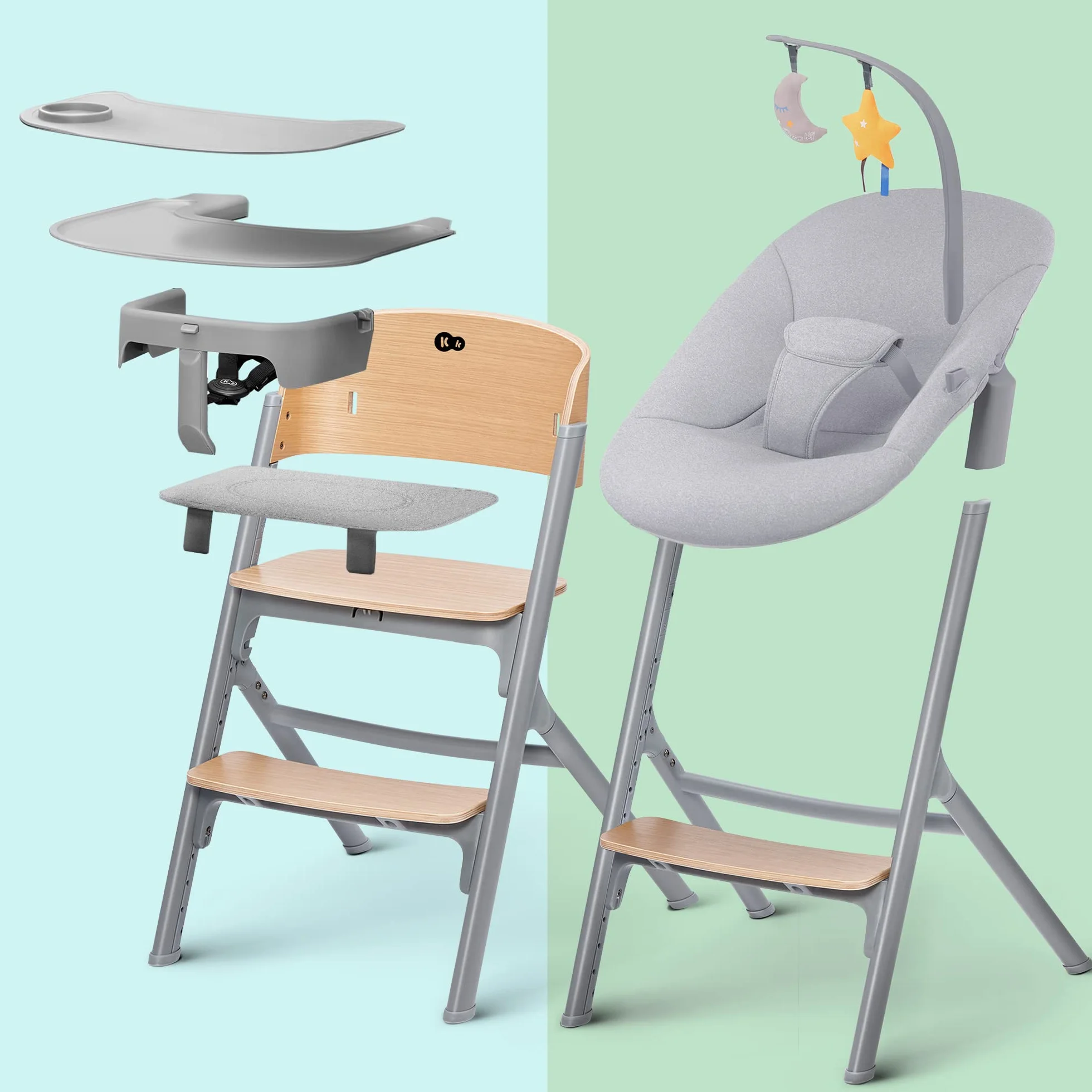 Kinderkraft Krzesełko do karmienia LIVY i Bujaczek CALMEE, Krzesło dla całej rodziny, Od urodzenia do 110 kg, Regulowane, Zdejmowana tacka, Ergonomiczne oparcie, Minimalistyczny design, Drewnopodobny