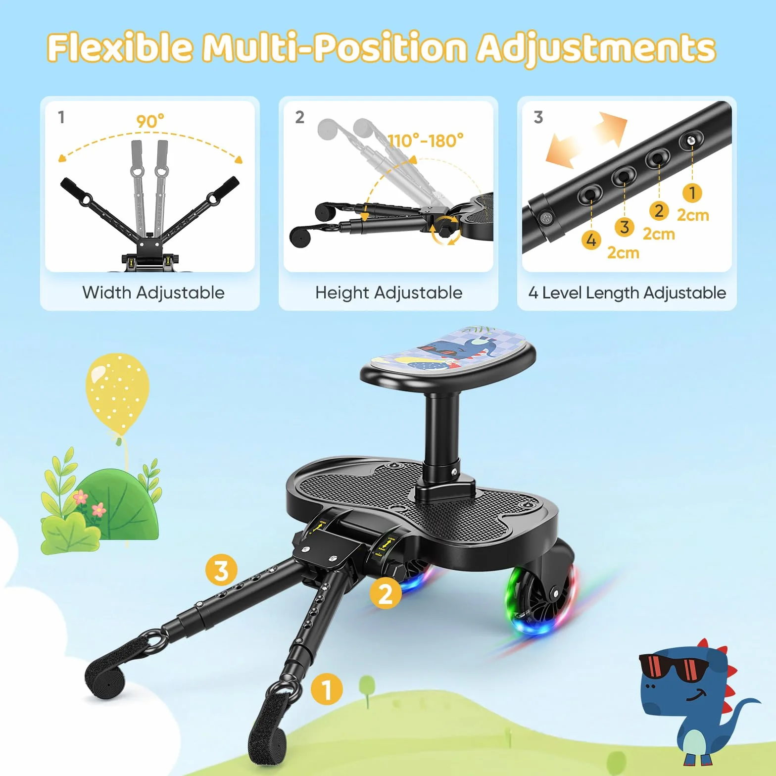 Buggy Board, uniwersalna deska do wózka dziecięcego z kółkami LED i siedziskiem dla dzieci, akcesoria do wózków dla dzieci w wieku 2-6 lat (25 kg), do ponad 99% wózków dziecięcych