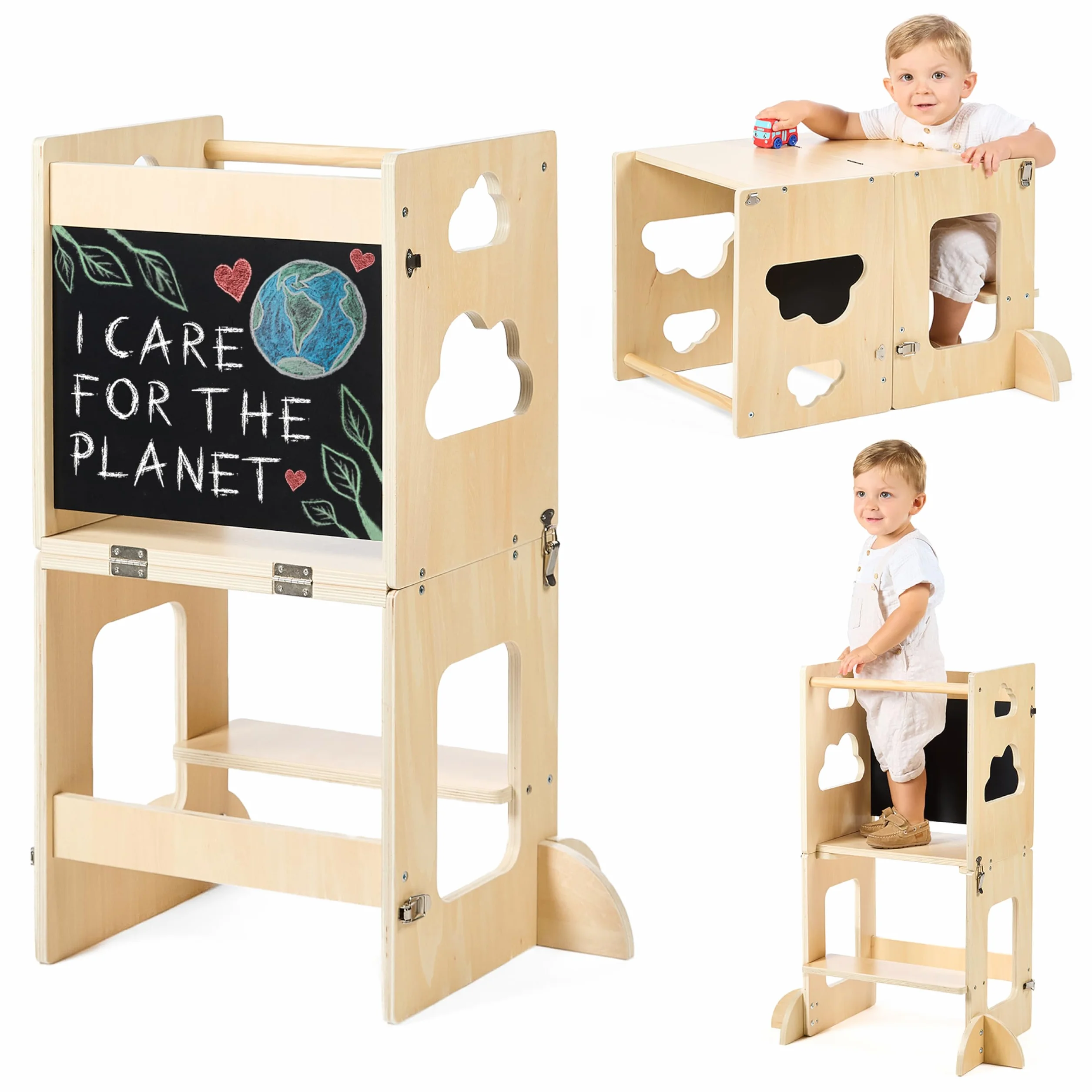 Wieża Montessori składana – krzesełko kuchenne dla dzieci 3 w 1 Premium: składana wieża edukacyjna, przekształcana w biurko z tablicą, drewno FSC, firma zrównoważona wspierająca zalesianie