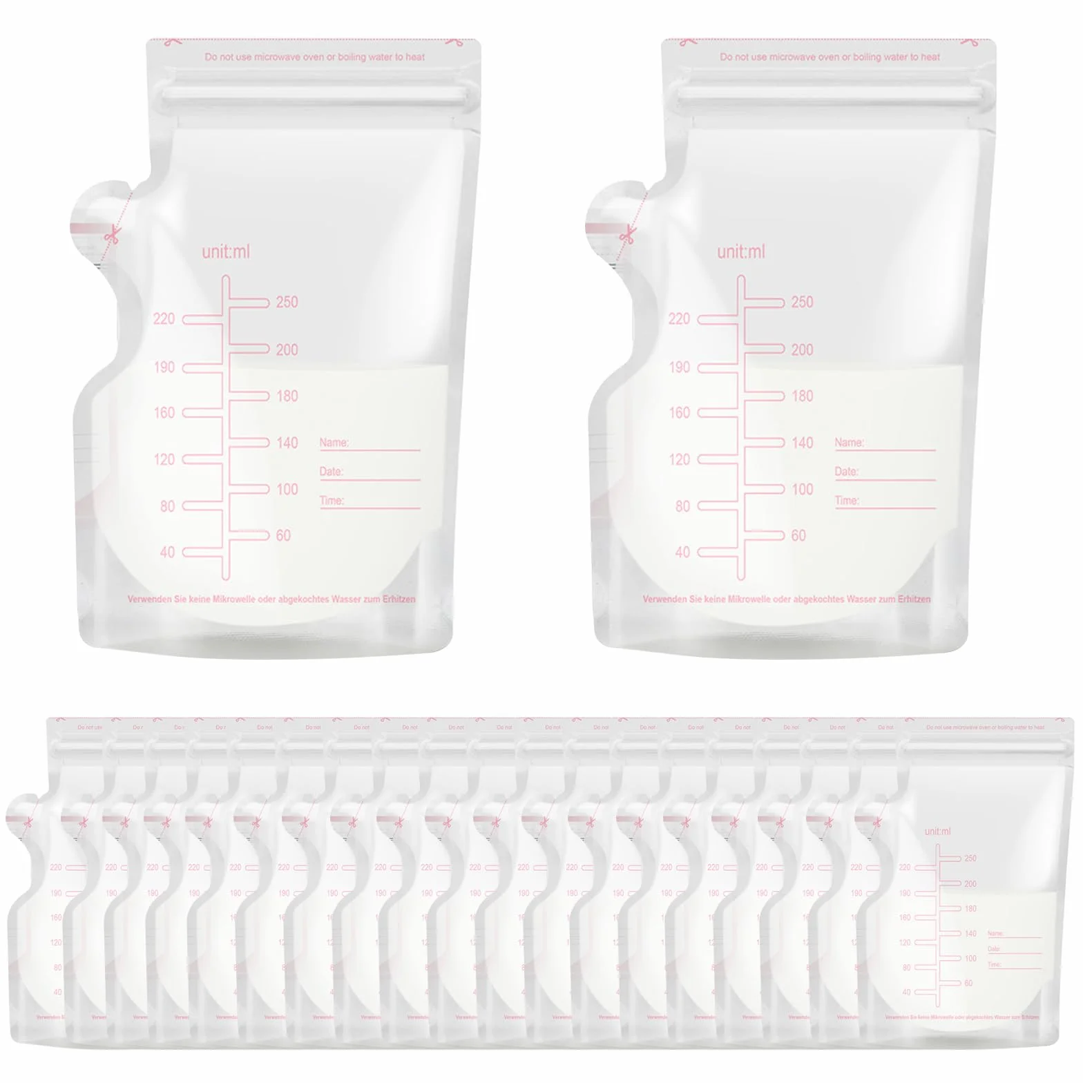 120x Woreczki na mleko matki 250ml – Torebki do przechowywania pokarmu, szczelne, sterylne, wolne od BPA, samostojąca konstrukcja, do zamrażania, z precyzyjną miarką i polem na opis