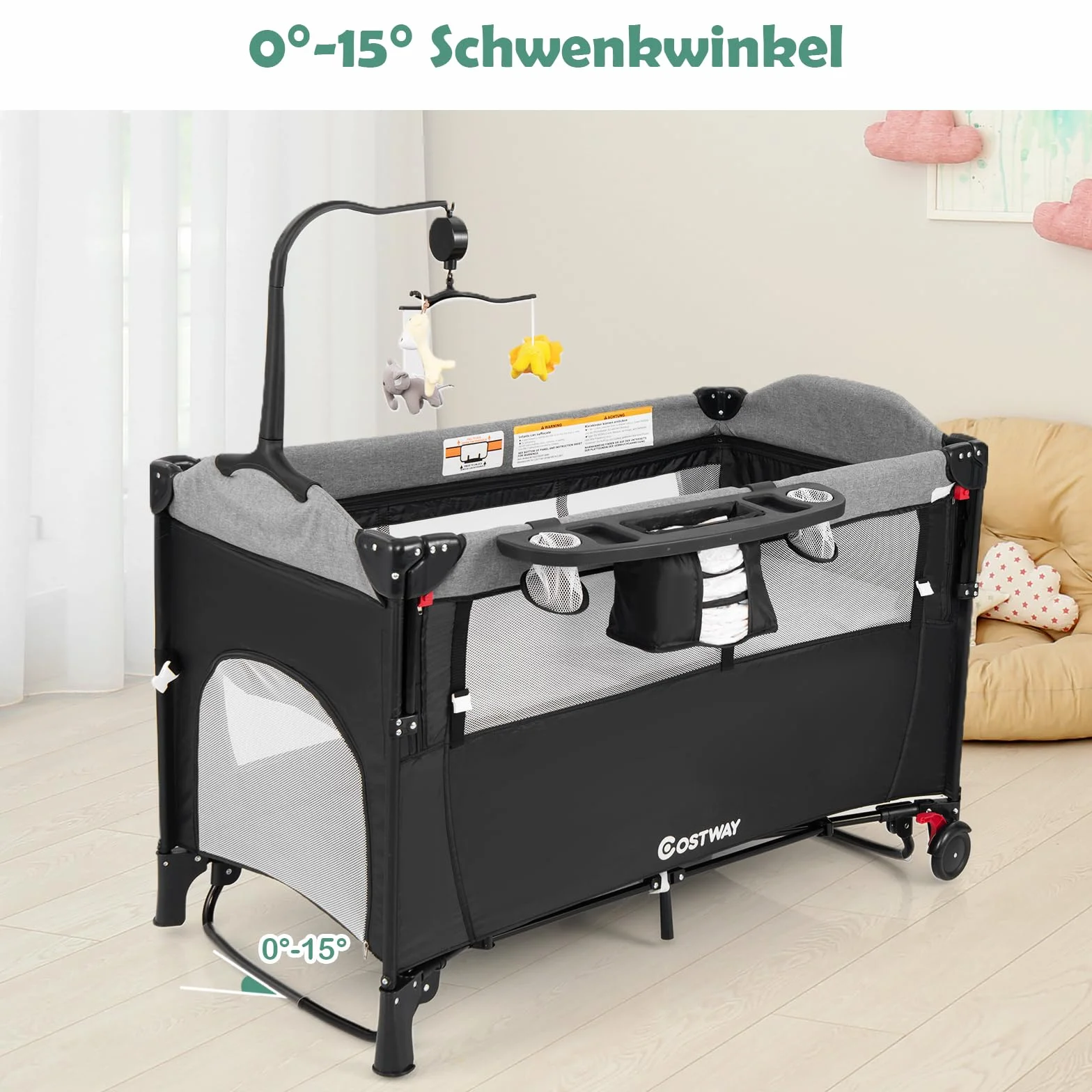 COSTWAY 5 w 1 Łóżeczko dla dziecka 125 x 65 cm, 2-poziomowe turystyczne z materacem, matą do przewijania, zabawkami, pozytywką i nosidełkiem, do 15 kg (czarne)